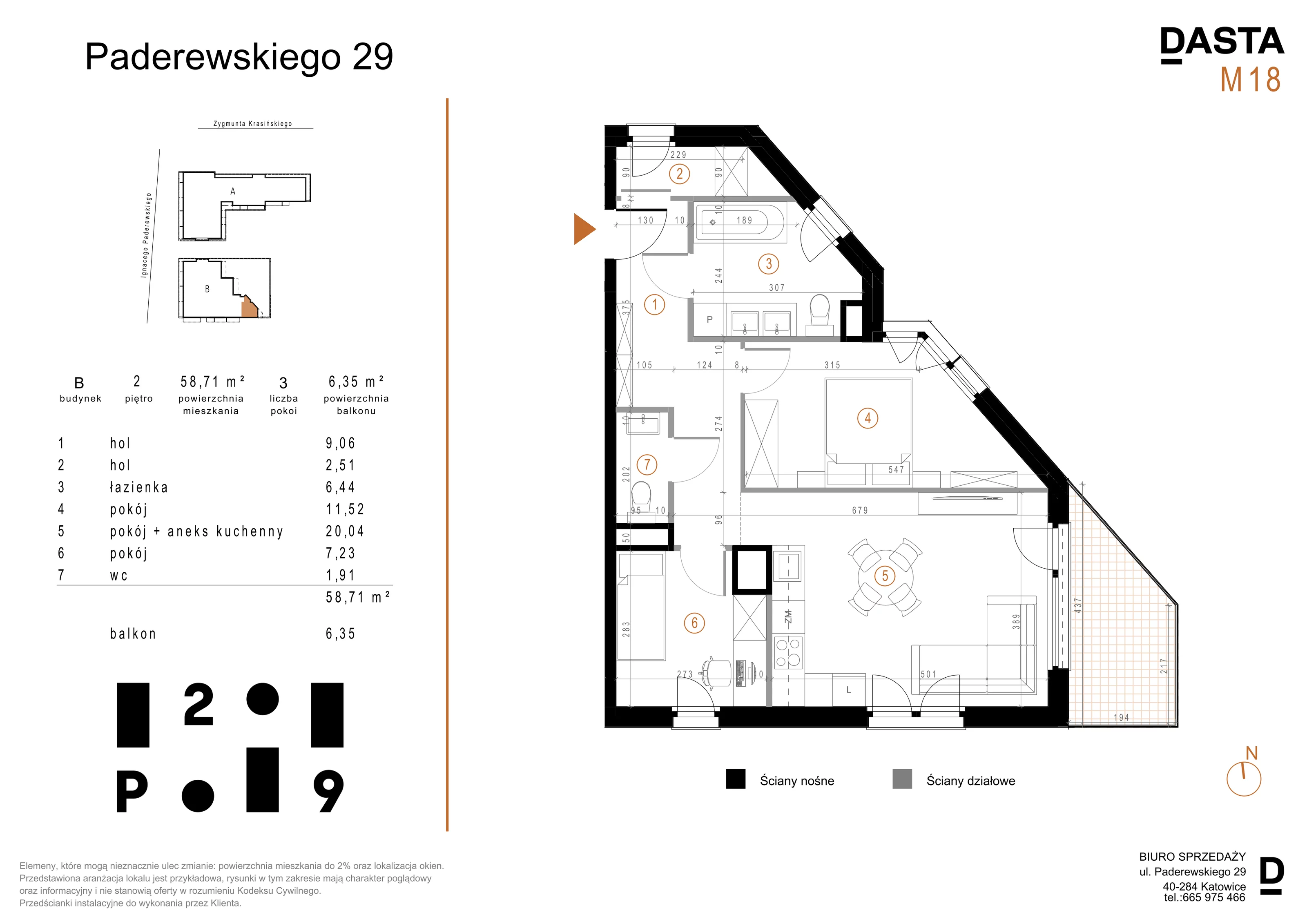 3 pokoje, mieszkanie 58,71 m², piętro 2, oferta nr B18, Paderewskiego 29, Katowice, Osiedle Paderewskiego-Muchowiec, Dolina Trzech Stawów, ul. Ignacego Paderewskiego 29