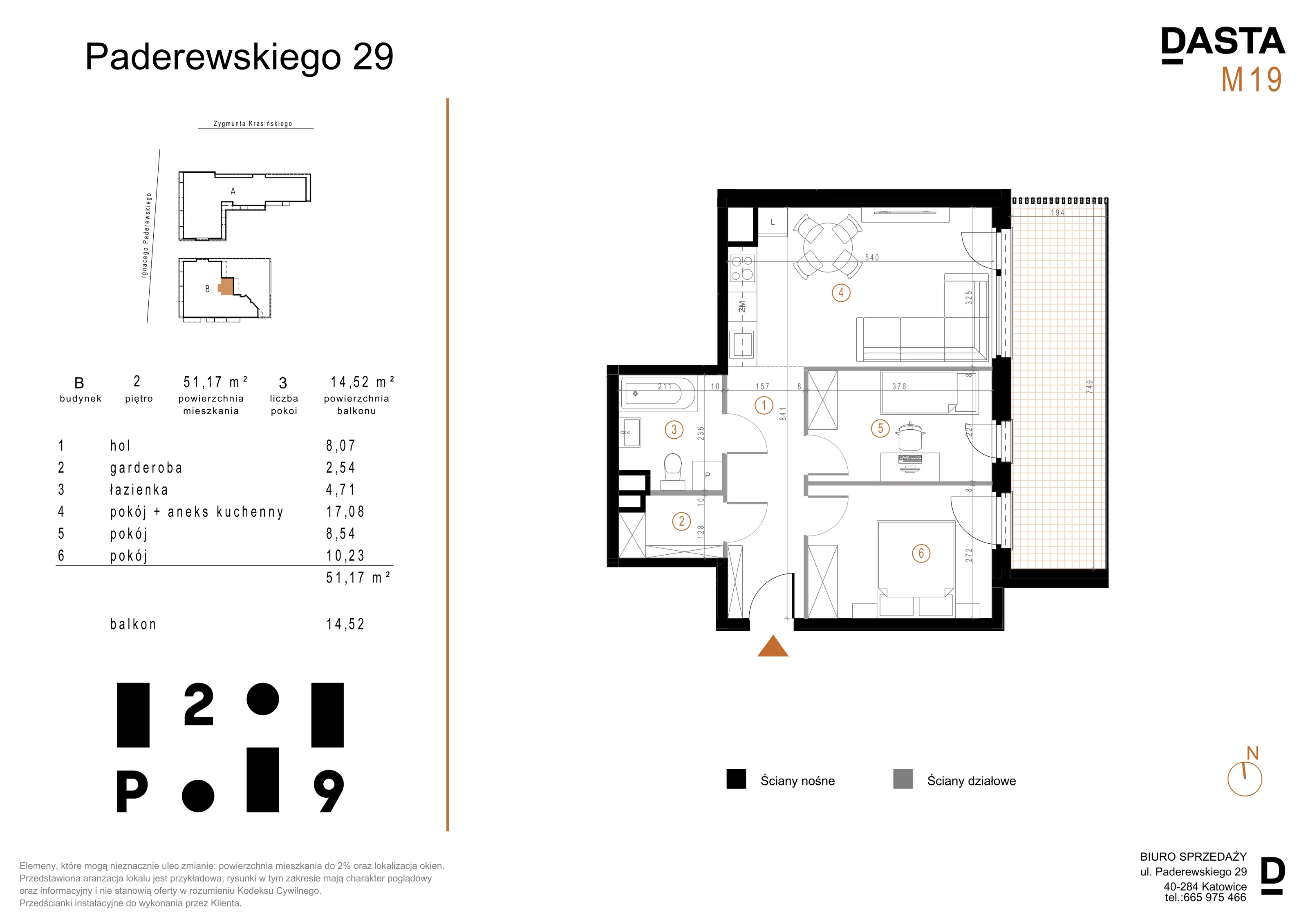 3 pokoje, mieszkanie 51,17 m², piętro 2, oferta nr B19, Paderewskiego 29, Katowice, Osiedle Paderewskiego-Muchowiec, Dolina Trzech Stawów, ul. Ignacego Paderewskiego 29