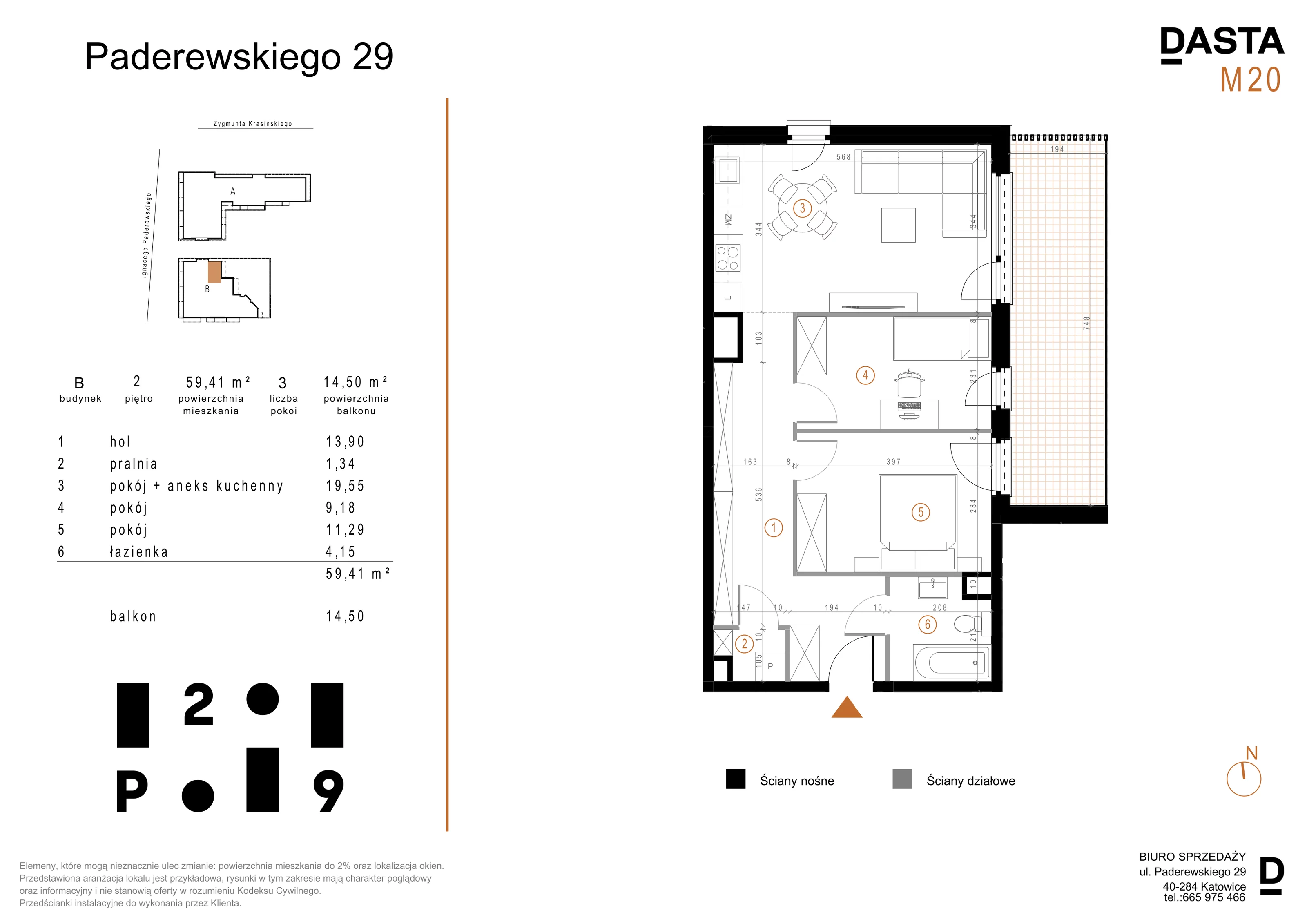 3 pokoje, mieszkanie 59,41 m², piętro 2, oferta nr B20, Paderewskiego 29, Katowice, Osiedle Paderewskiego-Muchowiec, Dolina Trzech Stawów, ul. Ignacego Paderewskiego 29