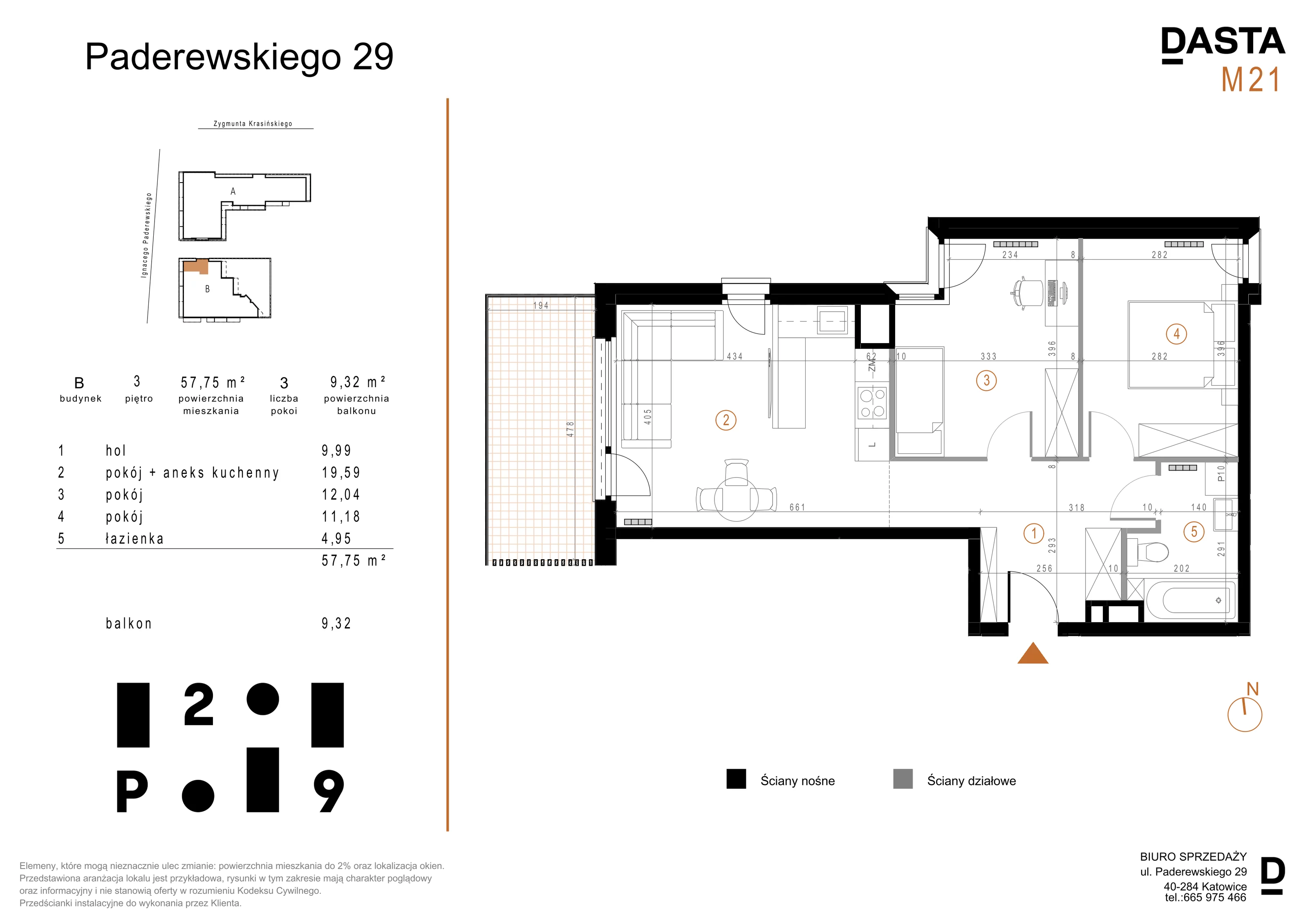 3 pokoje, mieszkanie 57,75 m², piętro 3, oferta nr B21, Paderewskiego 29, Katowice, Osiedle Paderewskiego-Muchowiec, Dolina Trzech Stawów, ul. Ignacego Paderewskiego 29