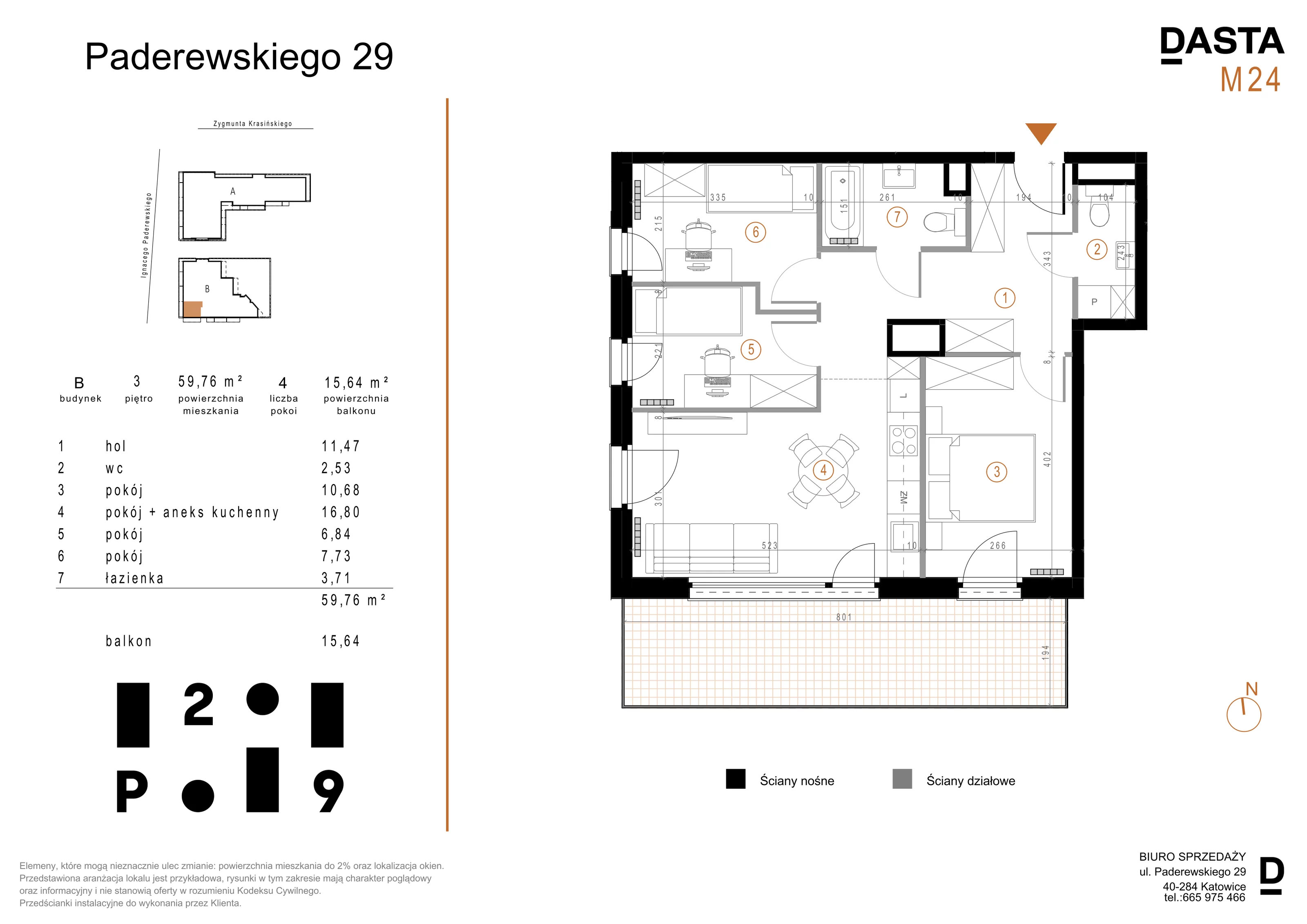 4 pokoje, mieszkanie 59,76 m², piętro 3, oferta nr B24, Paderewskiego 29, Katowice, Osiedle Paderewskiego-Muchowiec, Dolina Trzech Stawów, ul. Ignacego Paderewskiego 29