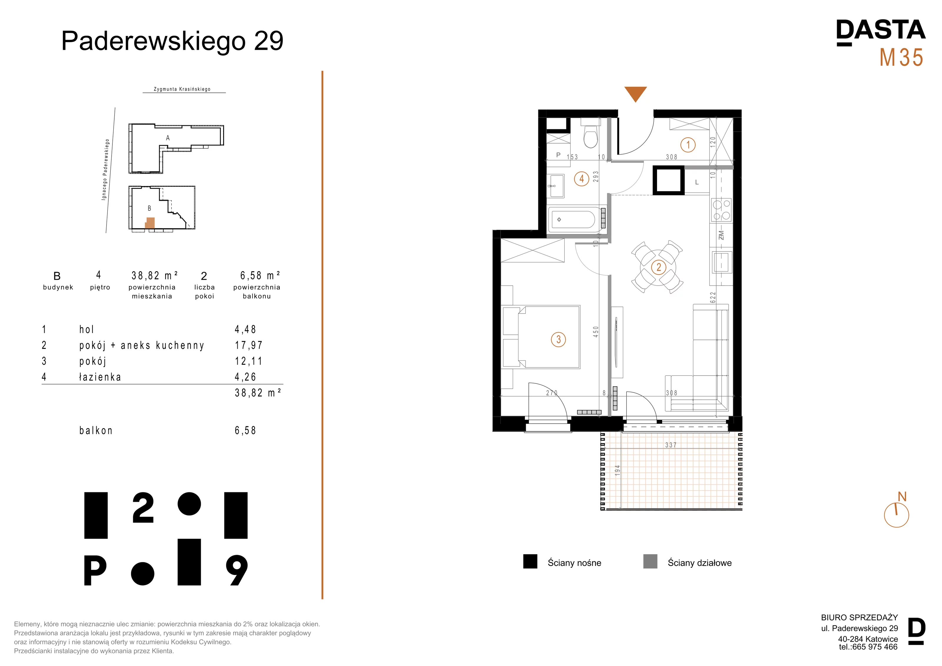 2 pokoje, mieszkanie 38,82 m², piętro 4, oferta nr B35, Paderewskiego 29, Katowice, Osiedle Paderewskiego-Muchowiec, Dolina Trzech Stawów, ul. Ignacego Paderewskiego 29