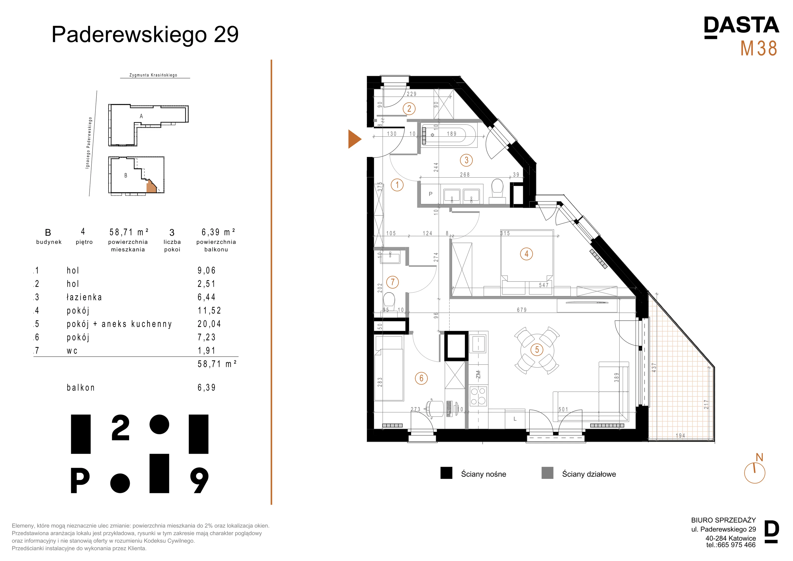 3 pokoje, mieszkanie 58,71 m², piętro 4, oferta nr B38, Paderewskiego 29, Katowice, Osiedle Paderewskiego-Muchowiec, Dolina Trzech Stawów, ul. Ignacego Paderewskiego 29