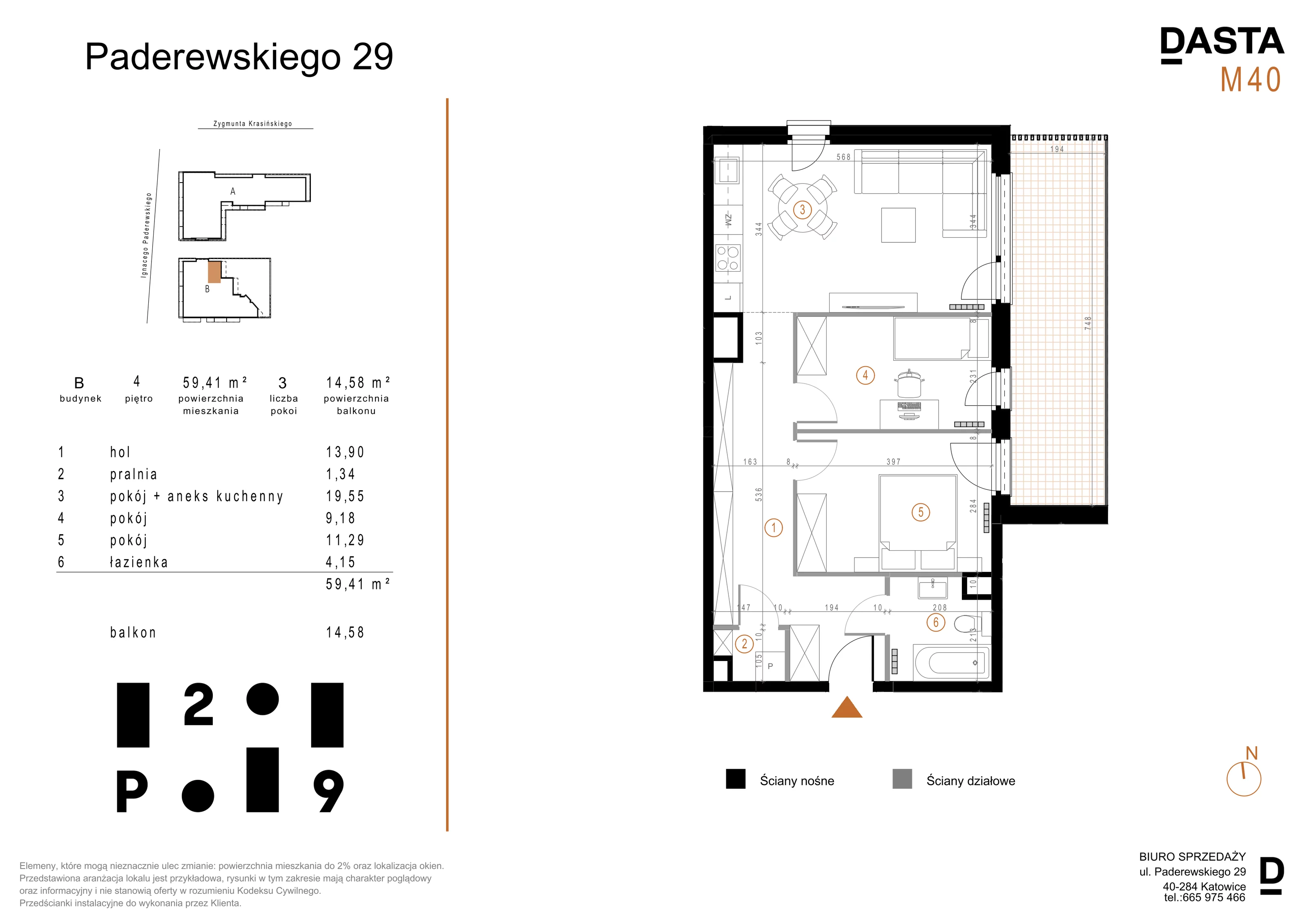 3 pokoje, mieszkanie 59,41 m², piętro 4, oferta nr B40, Paderewskiego 29, Katowice, Osiedle Paderewskiego-Muchowiec, Dolina Trzech Stawów, ul. Ignacego Paderewskiego 29