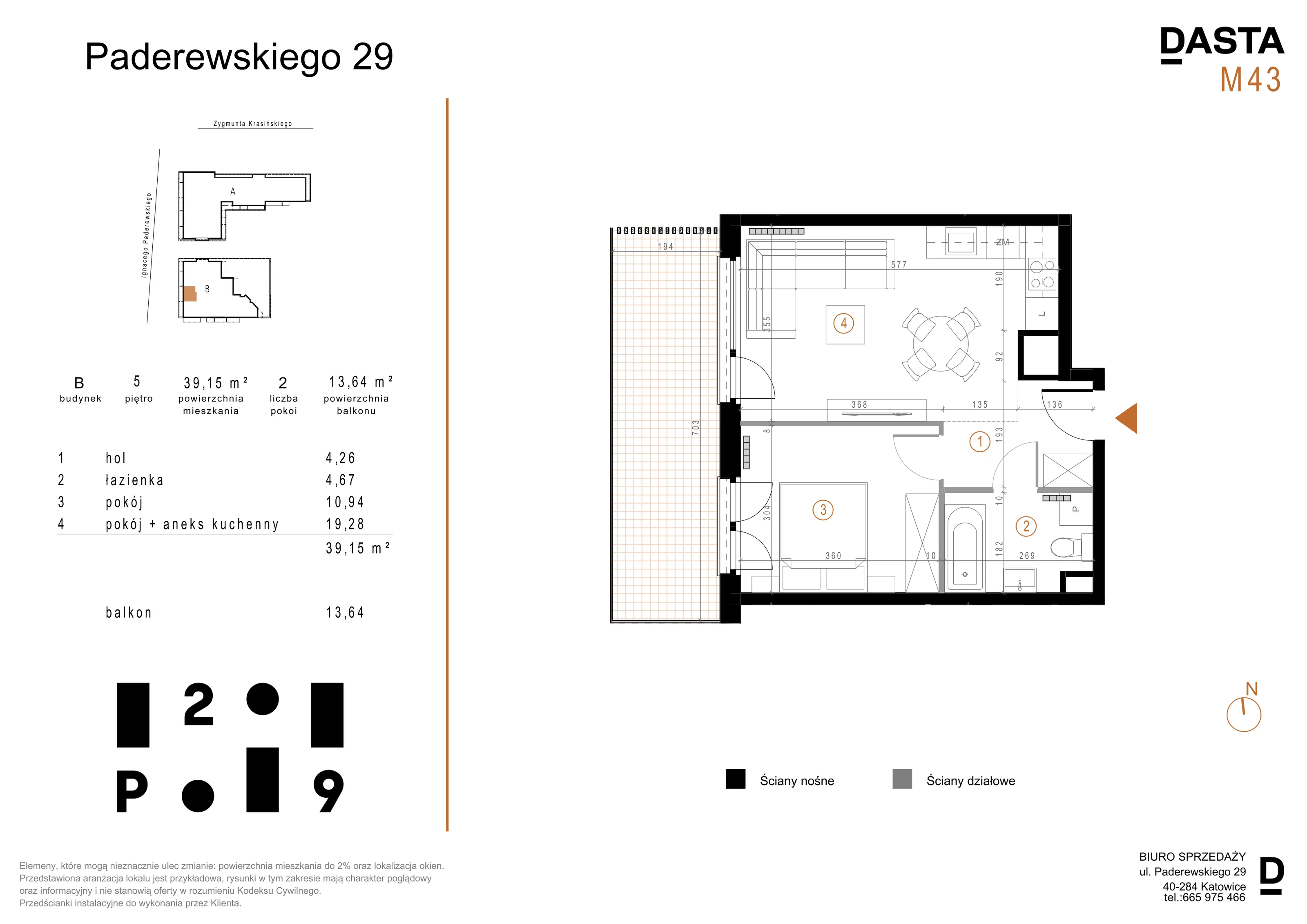 2 pokoje, mieszkanie 39,15 m², piętro 5, oferta nr B43, Paderewskiego 29, Katowice, Osiedle Paderewskiego-Muchowiec, Dolina Trzech Stawów, ul. Ignacego Paderewskiego 29