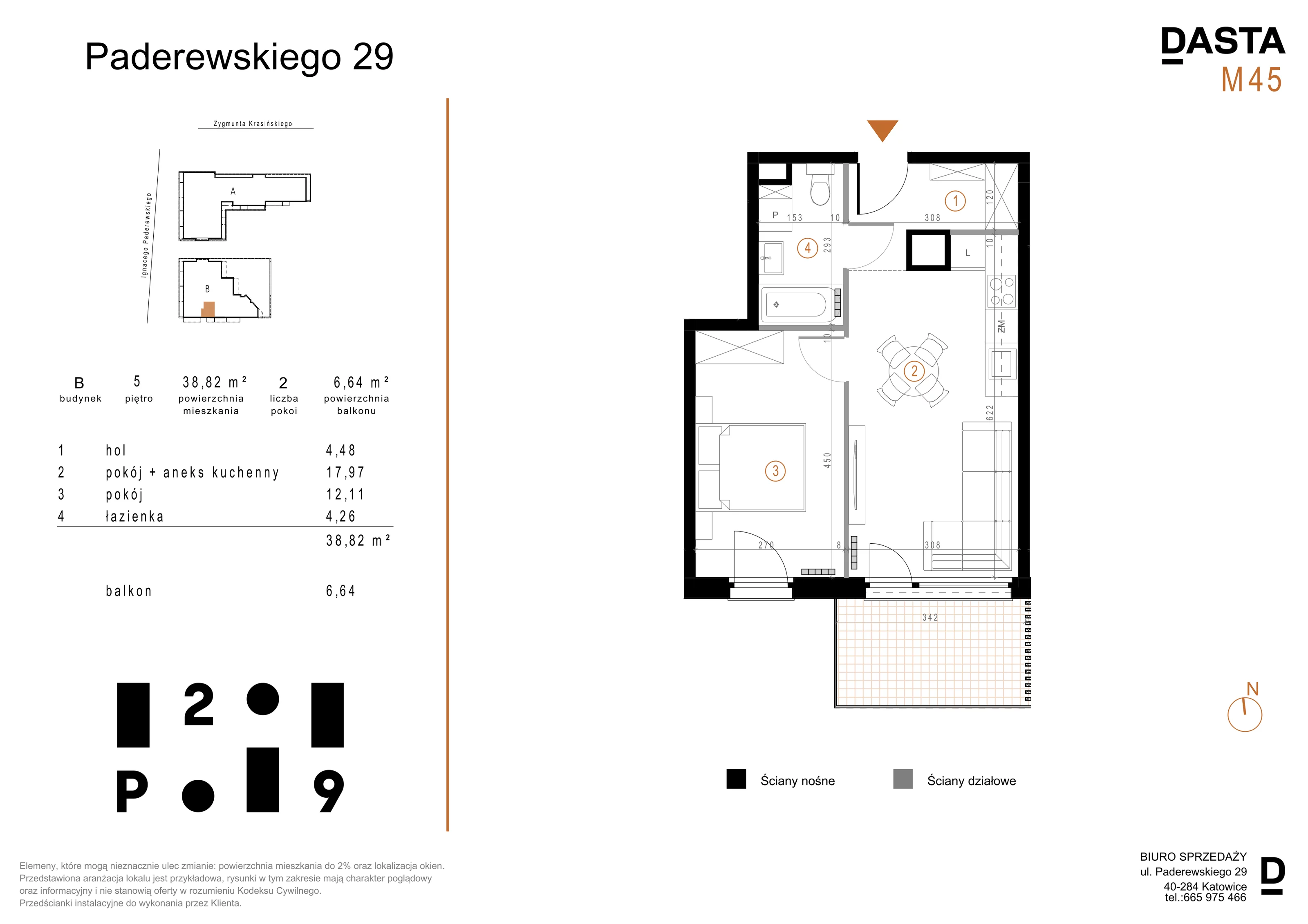 2 pokoje, mieszkanie 38,82 m², piętro 5, oferta nr B45, Paderewskiego 29, Katowice, Osiedle Paderewskiego-Muchowiec, Dolina Trzech Stawów, ul. Ignacego Paderewskiego 29