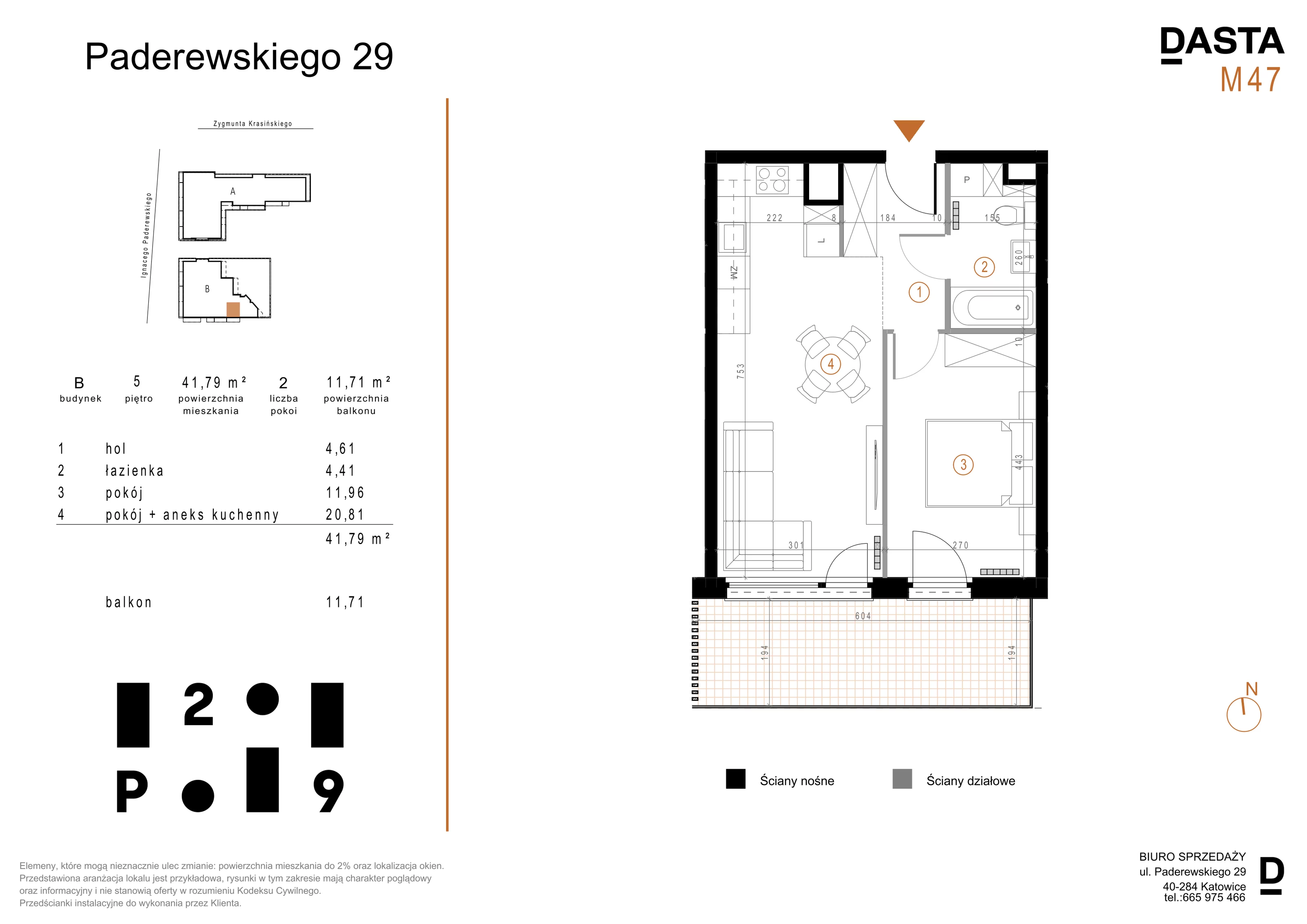 2 pokoje, mieszkanie 41,79 m², piętro 5, oferta nr B47, Paderewskiego 29, Katowice, Osiedle Paderewskiego-Muchowiec, Dolina Trzech Stawów, ul. Ignacego Paderewskiego 29