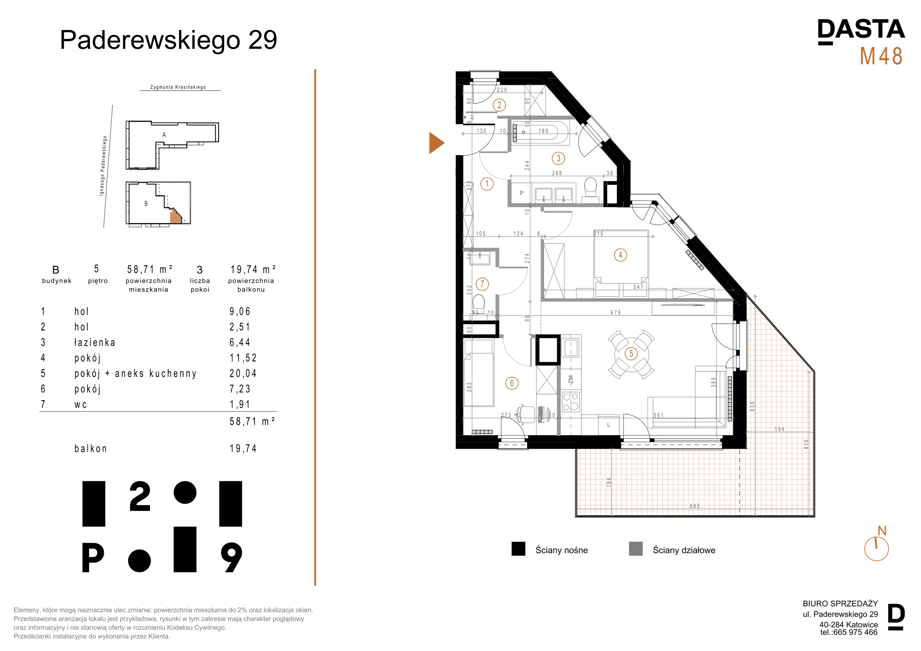 3 pokoje, mieszkanie 58,71 m², piętro 5, oferta nr B48, Paderewskiego 29, Katowice, Osiedle Paderewskiego-Muchowiec, Dolina Trzech Stawów, ul. Ignacego Paderewskiego 29