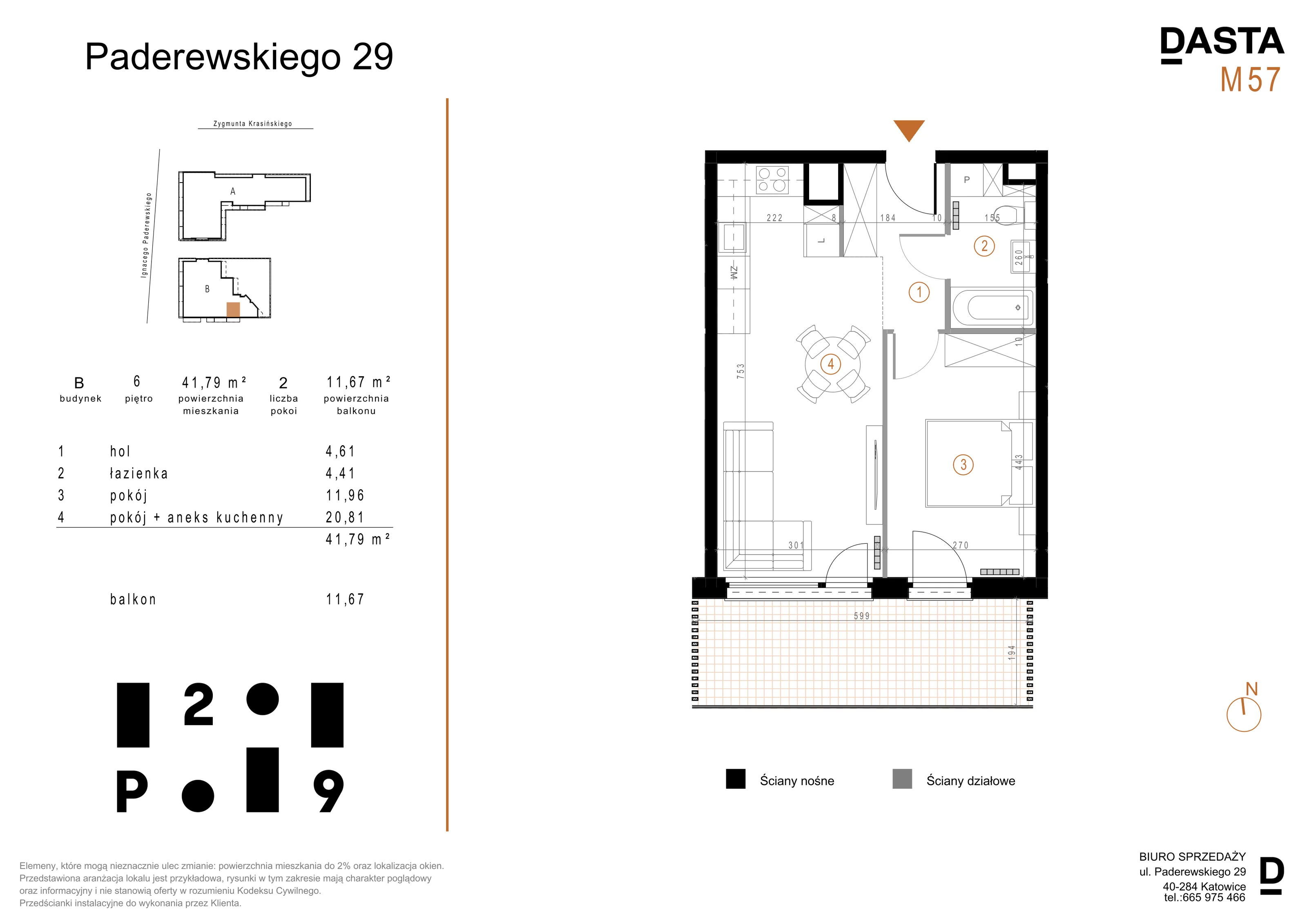 2 pokoje, mieszkanie 41,79 m², piętro 6, oferta nr B57, Paderewskiego 29, Katowice, Osiedle Paderewskiego-Muchowiec, Dolina Trzech Stawów, ul. Ignacego Paderewskiego 29