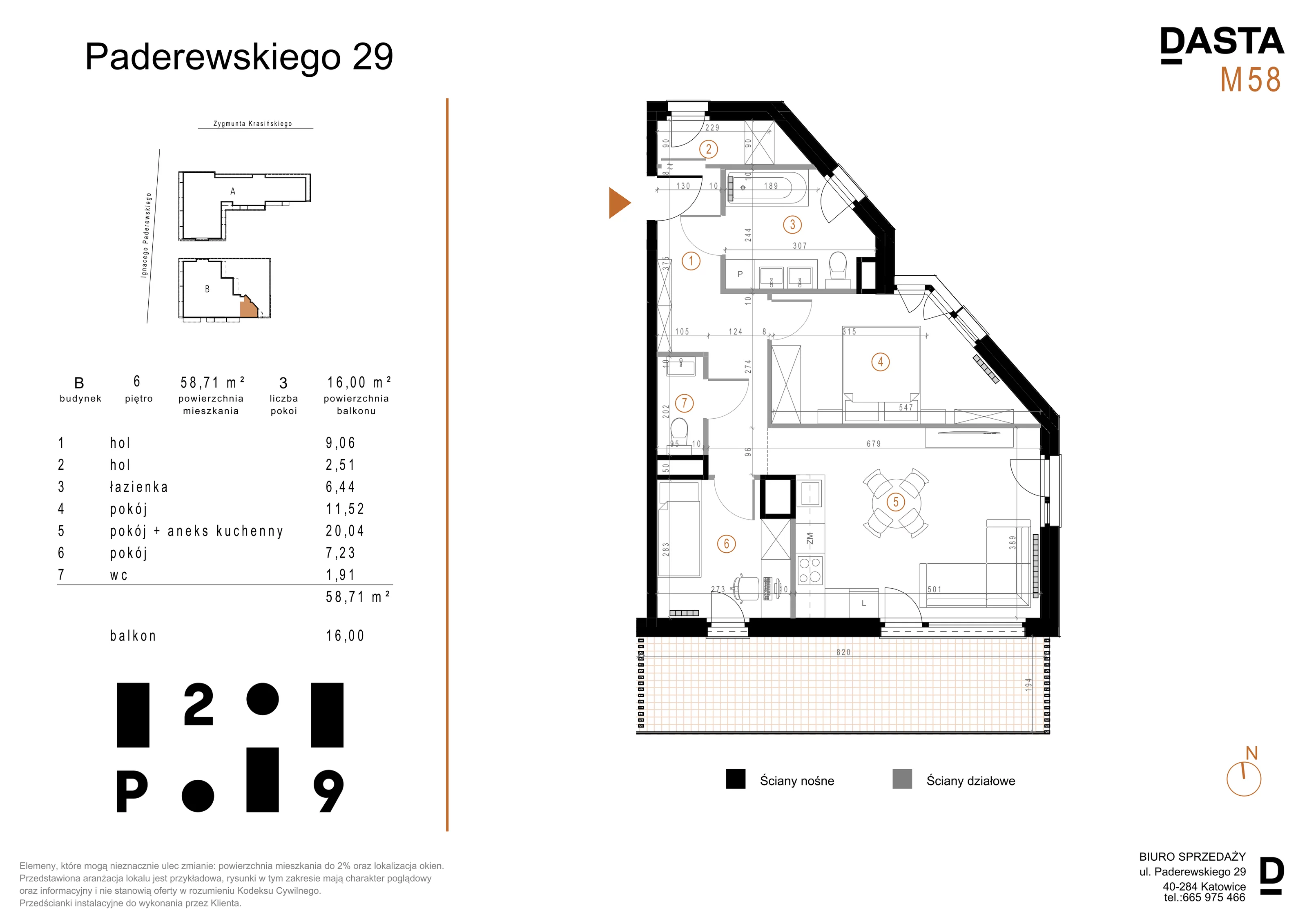 3 pokoje, mieszkanie 58,71 m², piętro 6, oferta nr B58, Paderewskiego 29, Katowice, Osiedle Paderewskiego-Muchowiec, Dolina Trzech Stawów, ul. Ignacego Paderewskiego 29