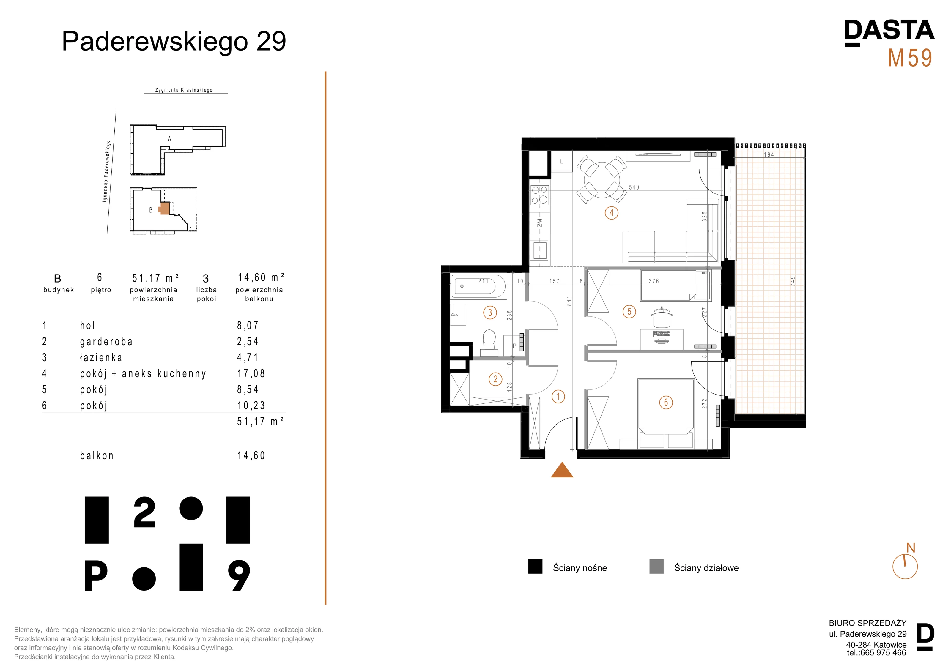 3 pokoje, mieszkanie 51,17 m², piętro 6, oferta nr B59, Paderewskiego 29, Katowice, Osiedle Paderewskiego-Muchowiec, Dolina Trzech Stawów, ul. Ignacego Paderewskiego 29