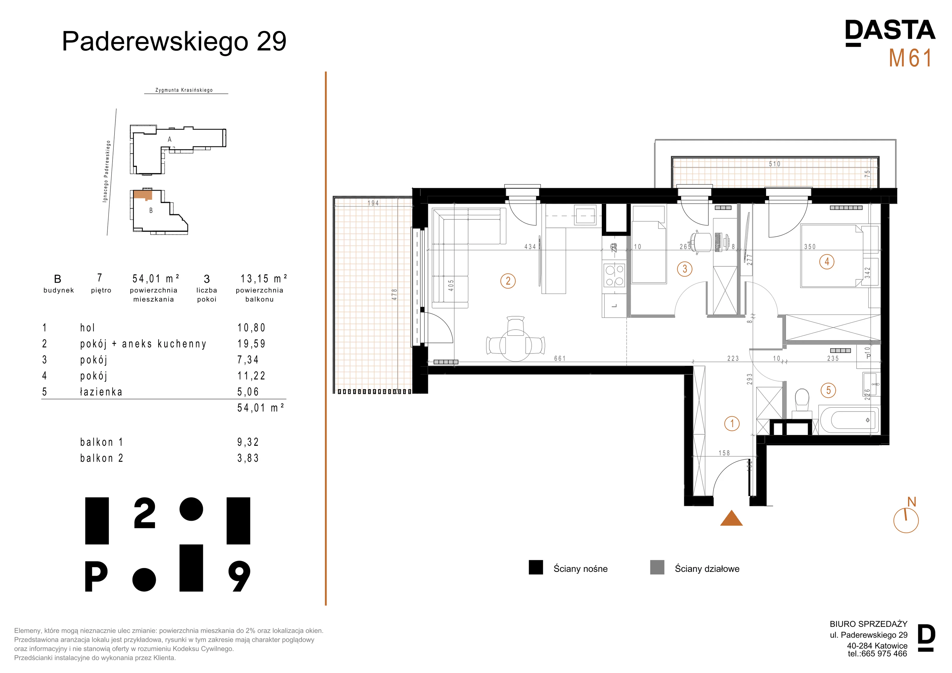 3 pokoje, mieszkanie 54,01 m², piętro 7, oferta nr B61, Paderewskiego 29, Katowice, Osiedle Paderewskiego-Muchowiec, Dolina Trzech Stawów, ul. Ignacego Paderewskiego 29