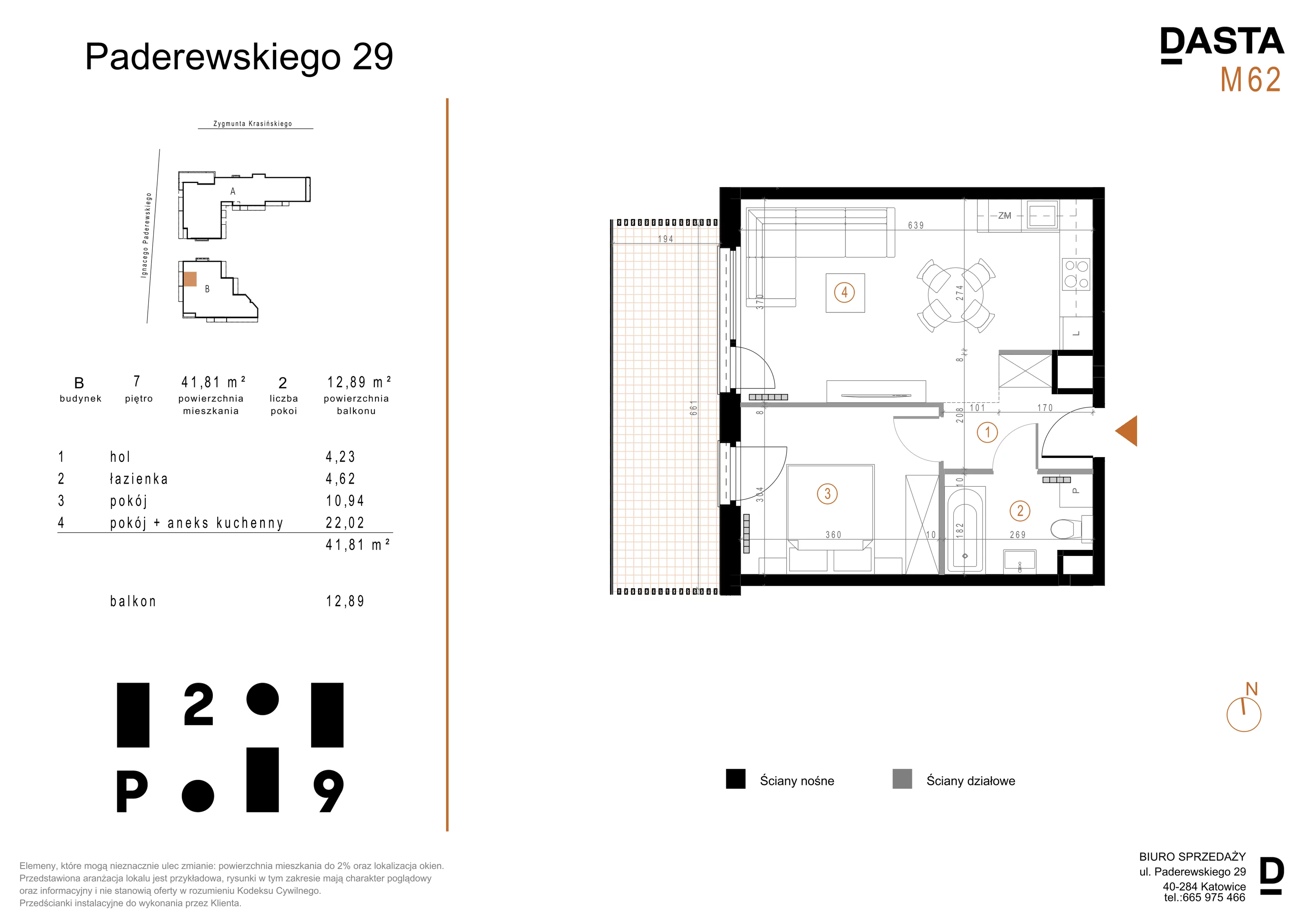 2 pokoje, mieszkanie 41,81 m², piętro 7, oferta nr B62, Paderewskiego 29, Katowice, Osiedle Paderewskiego-Muchowiec, Dolina Trzech Stawów, ul. Ignacego Paderewskiego 29