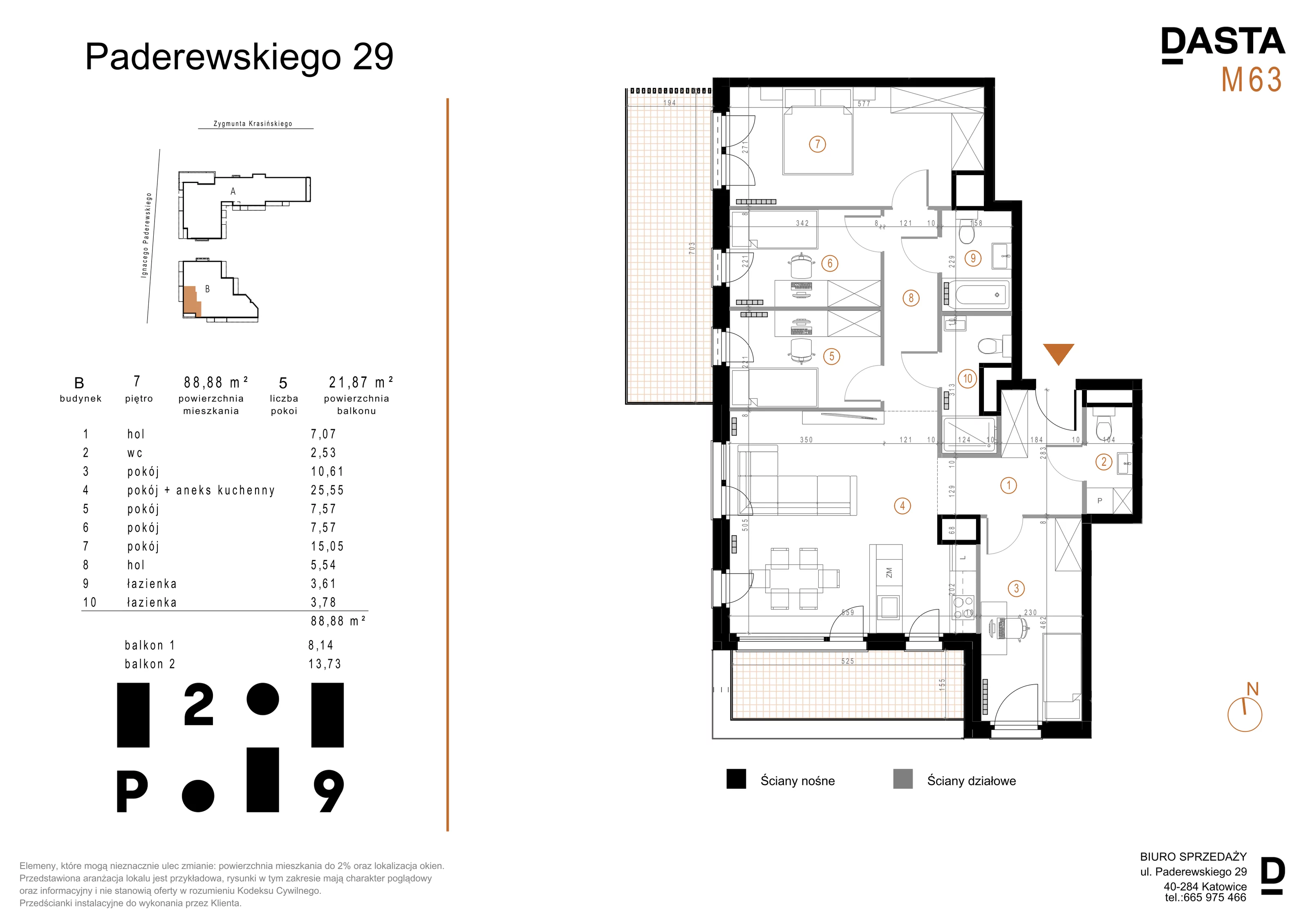 5 pokoi, mieszkanie 88,88 m², piętro 7, oferta nr B63, Paderewskiego 29, Katowice, Osiedle Paderewskiego-Muchowiec, Dolina Trzech Stawów, ul. Ignacego Paderewskiego 29