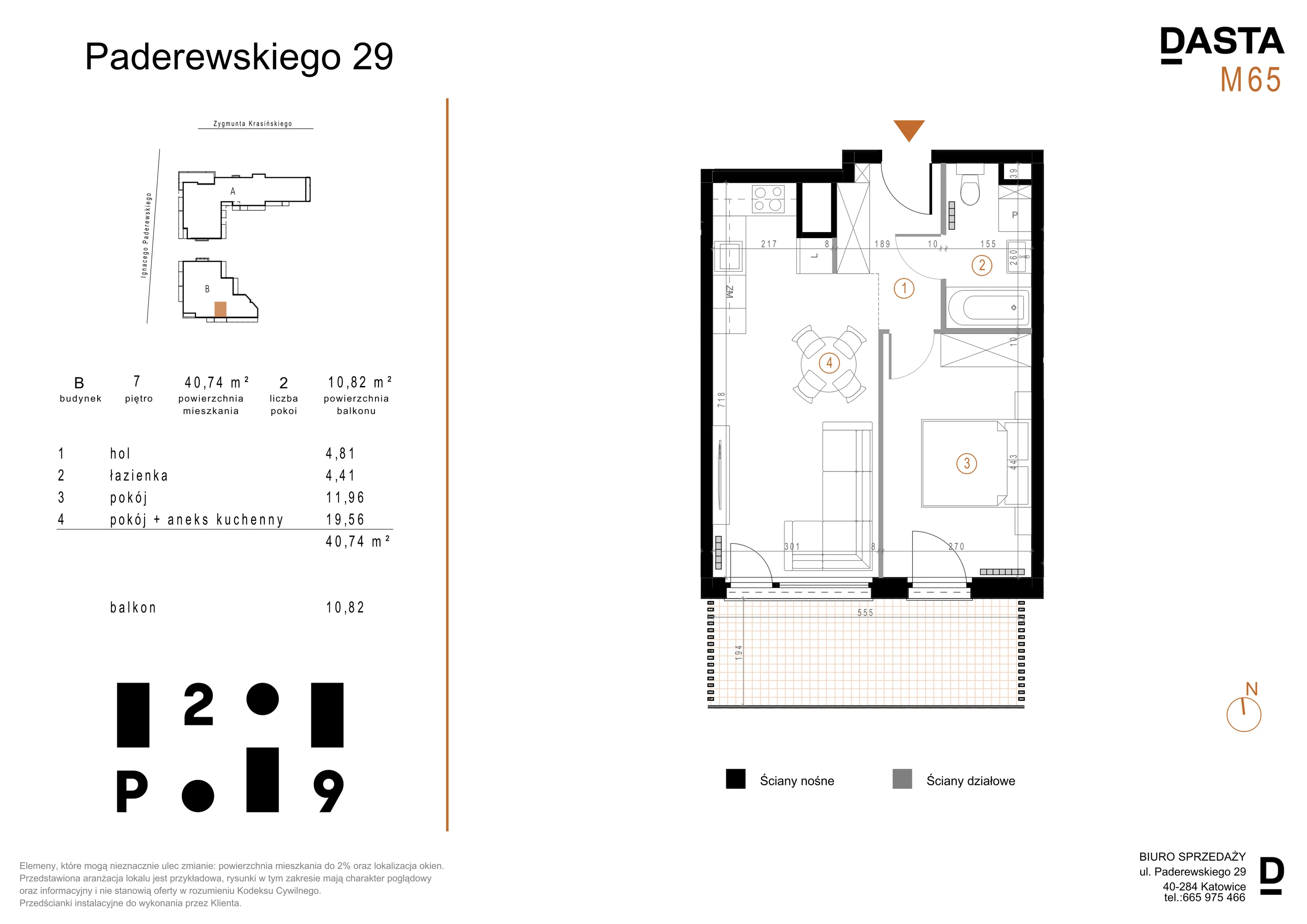 2 pokoje, mieszkanie 40,74 m², piętro 7, oferta nr B65, Paderewskiego 29, Katowice, Osiedle Paderewskiego-Muchowiec, Dolina Trzech Stawów, ul. Ignacego Paderewskiego 29