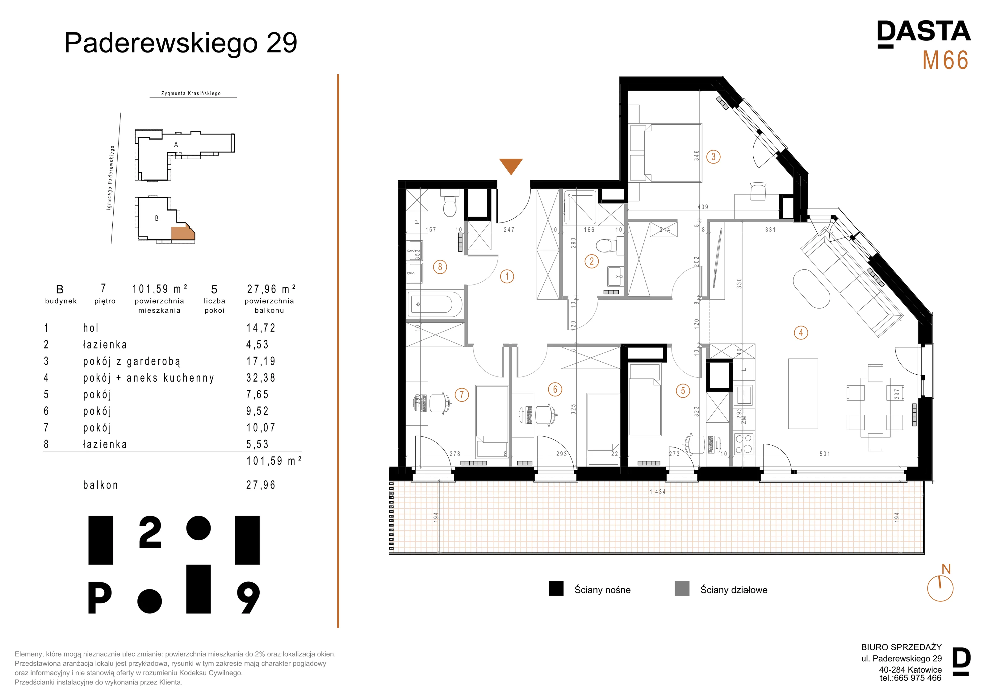 5 pokoi, mieszkanie 101,59 m², piętro 7, oferta nr B66, Paderewskiego 29, Katowice, Osiedle Paderewskiego-Muchowiec, Dolina Trzech Stawów, ul. Ignacego Paderewskiego 29