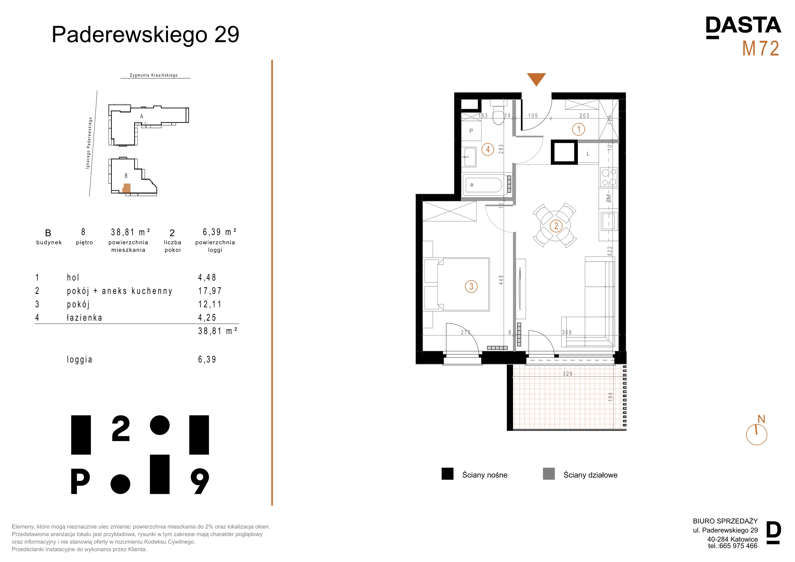 2 pokoje, mieszkanie 38,81 m², piętro 8, oferta nr B72, Paderewskiego 29, Katowice, Osiedle Paderewskiego-Muchowiec, Dolina Trzech Stawów, ul. Ignacego Paderewskiego 29