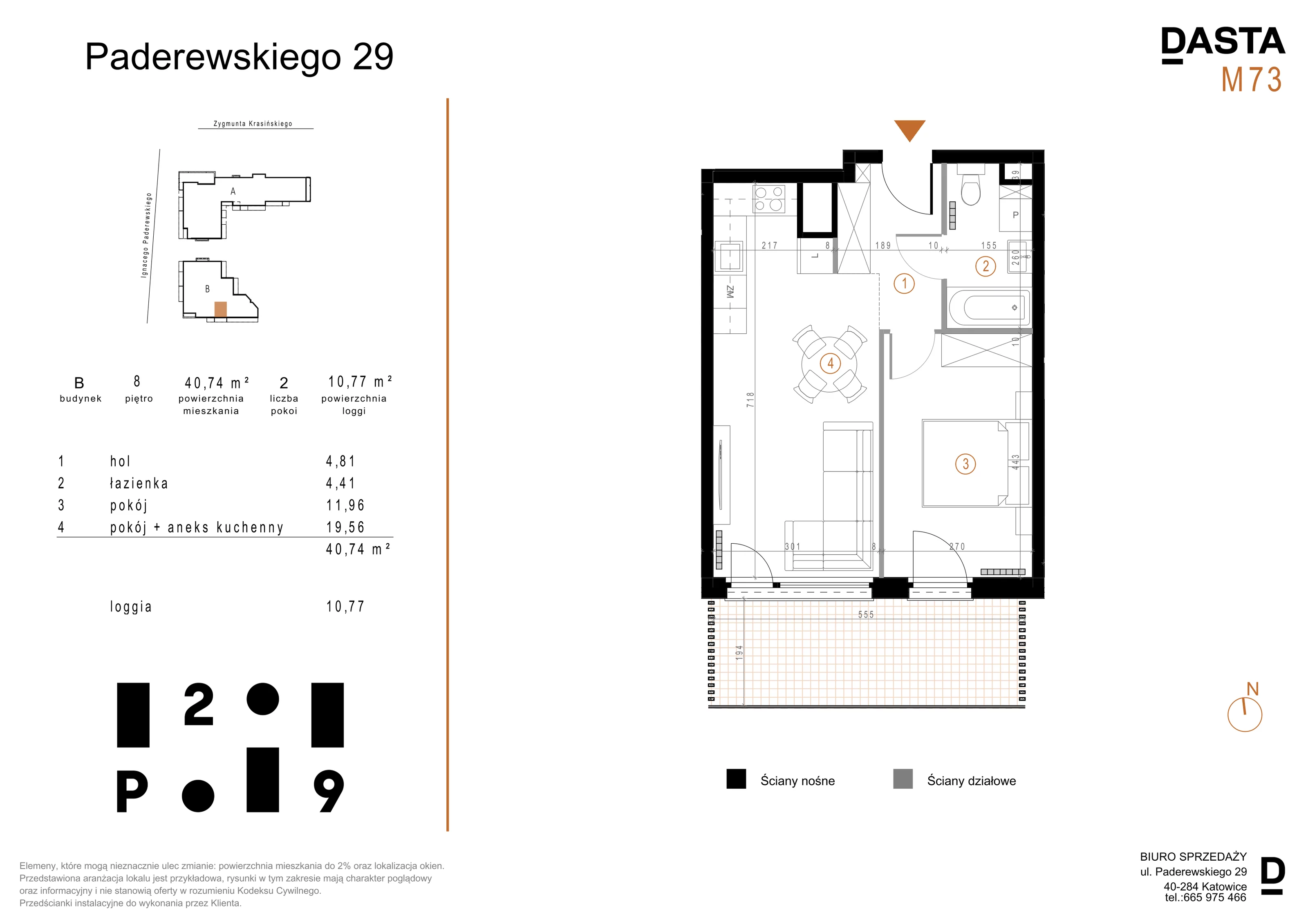 2 pokoje, mieszkanie 40,74 m², piętro 8, oferta nr B73, Paderewskiego 29, Katowice, Osiedle Paderewskiego-Muchowiec, Dolina Trzech Stawów, ul. Ignacego Paderewskiego 29