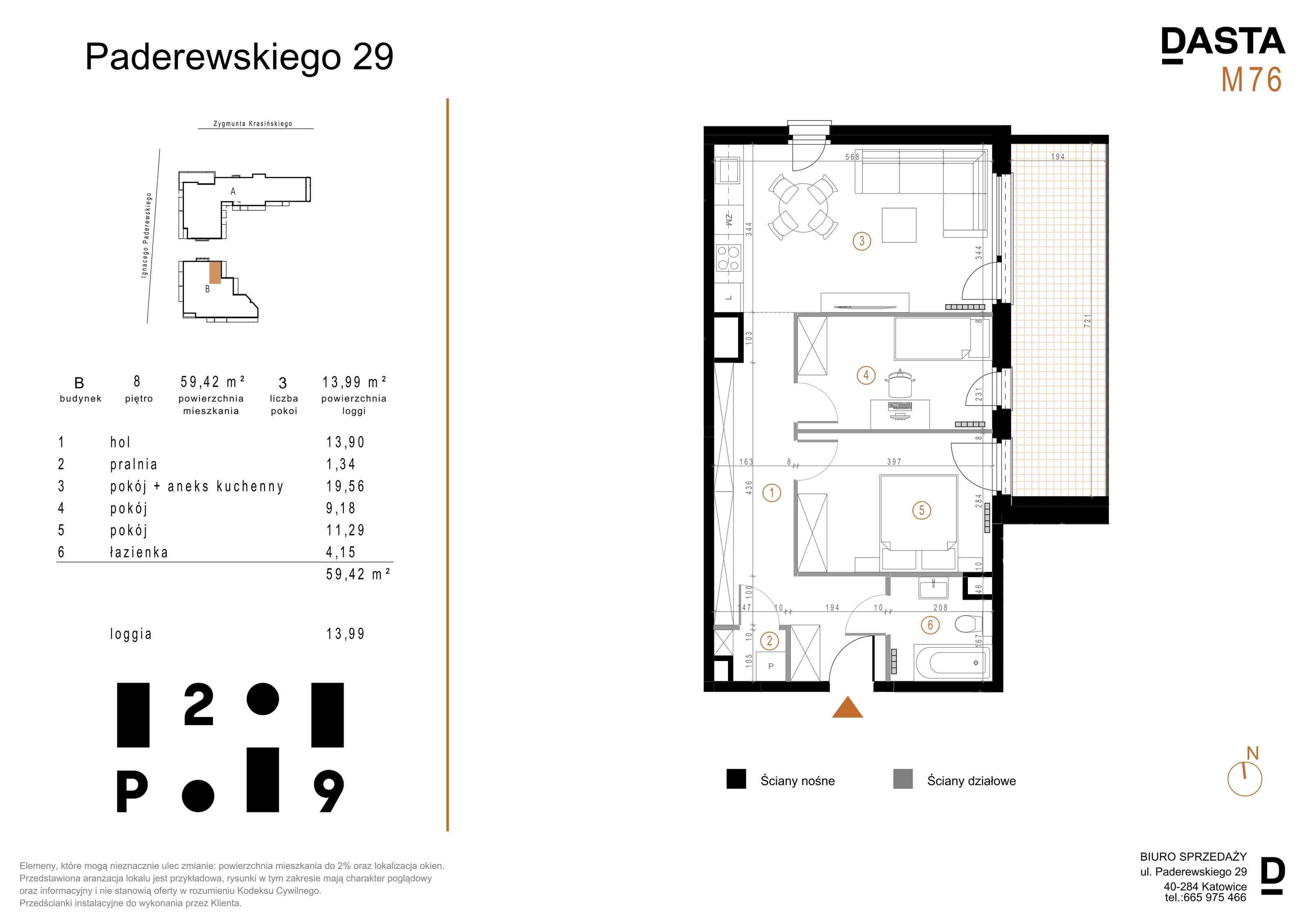 3 pokoje, mieszkanie 59,42 m², piętro 8, oferta nr B76, Paderewskiego 29, Katowice, Osiedle Paderewskiego-Muchowiec, Dolina Trzech Stawów, ul. Ignacego Paderewskiego 29