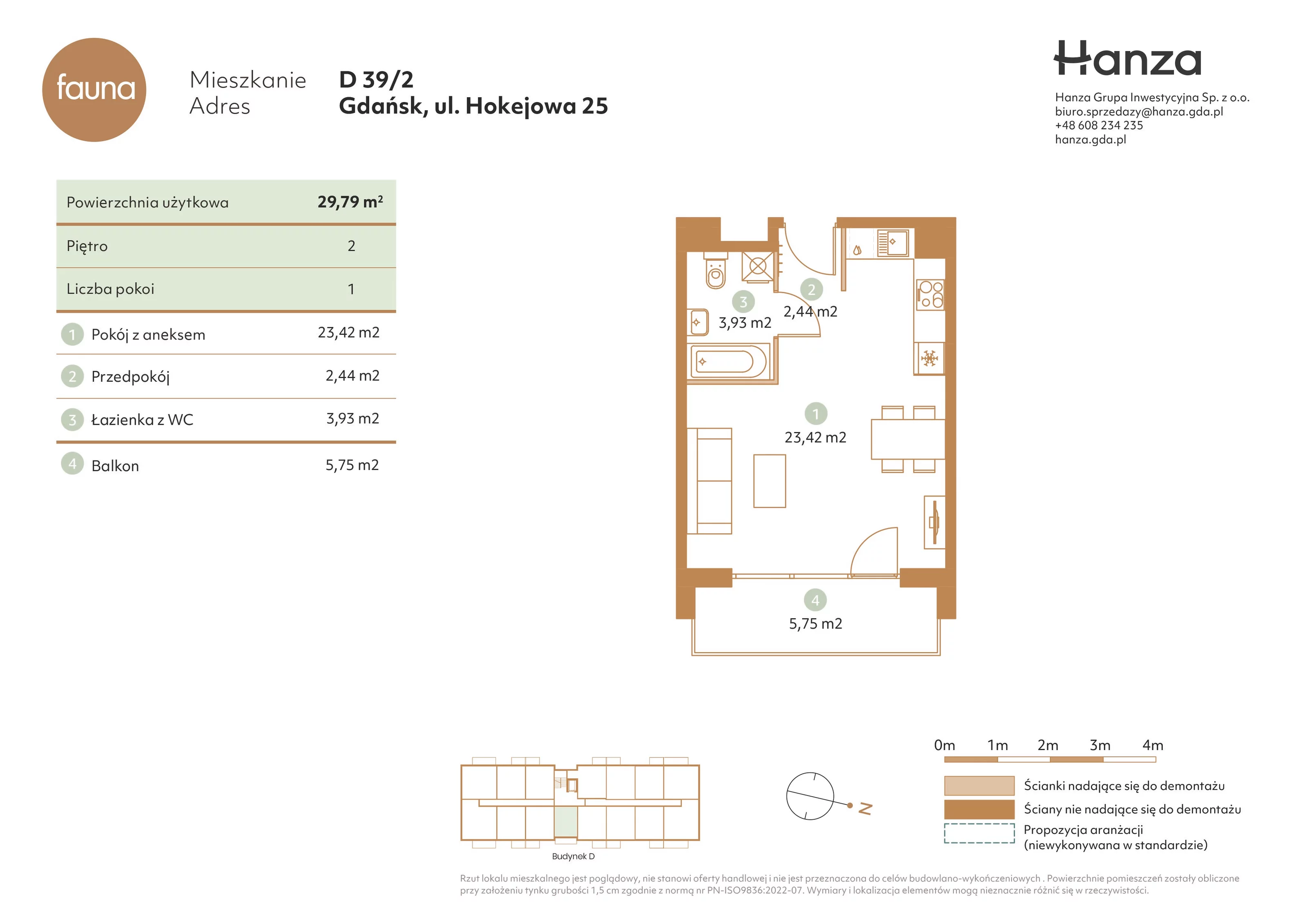 1 pokój, mieszkanie 29,79 m², piętro 2, oferta nr D39/2, Fauna - bud. D, Gdańsk, Orunia Górna-Gdańsk Południe, ul. Hokejowa 25