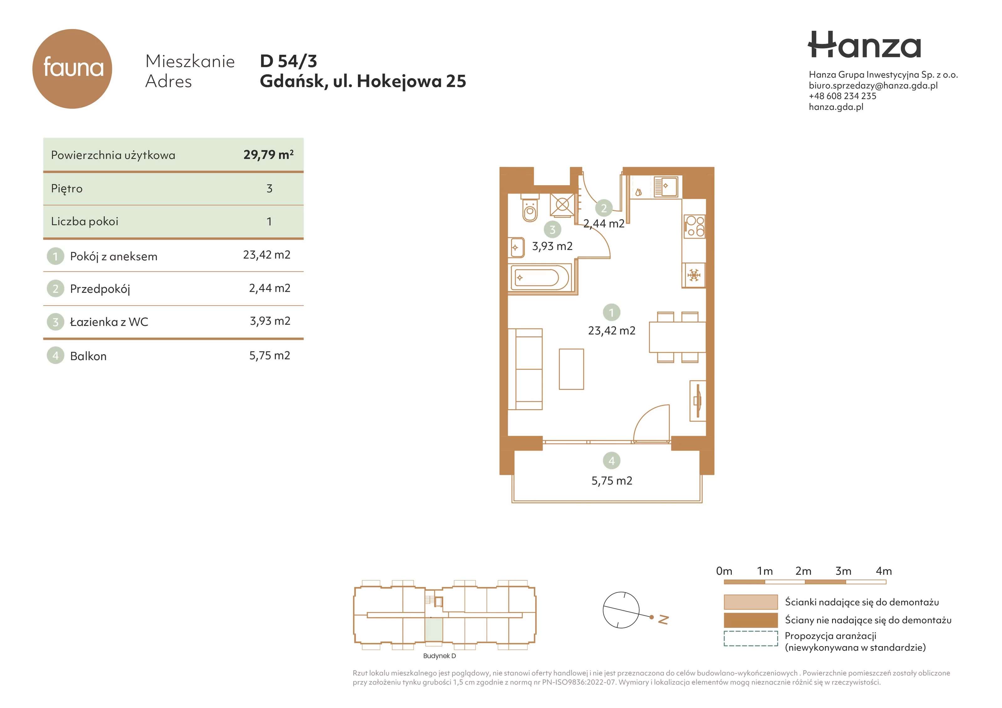 1 pokój, mieszkanie 29,79 m², piętro 3, oferta nr D54/3, Fauna - bud. D, Gdańsk, Orunia Górna-Gdańsk Południe, ul. Hokejowa 25