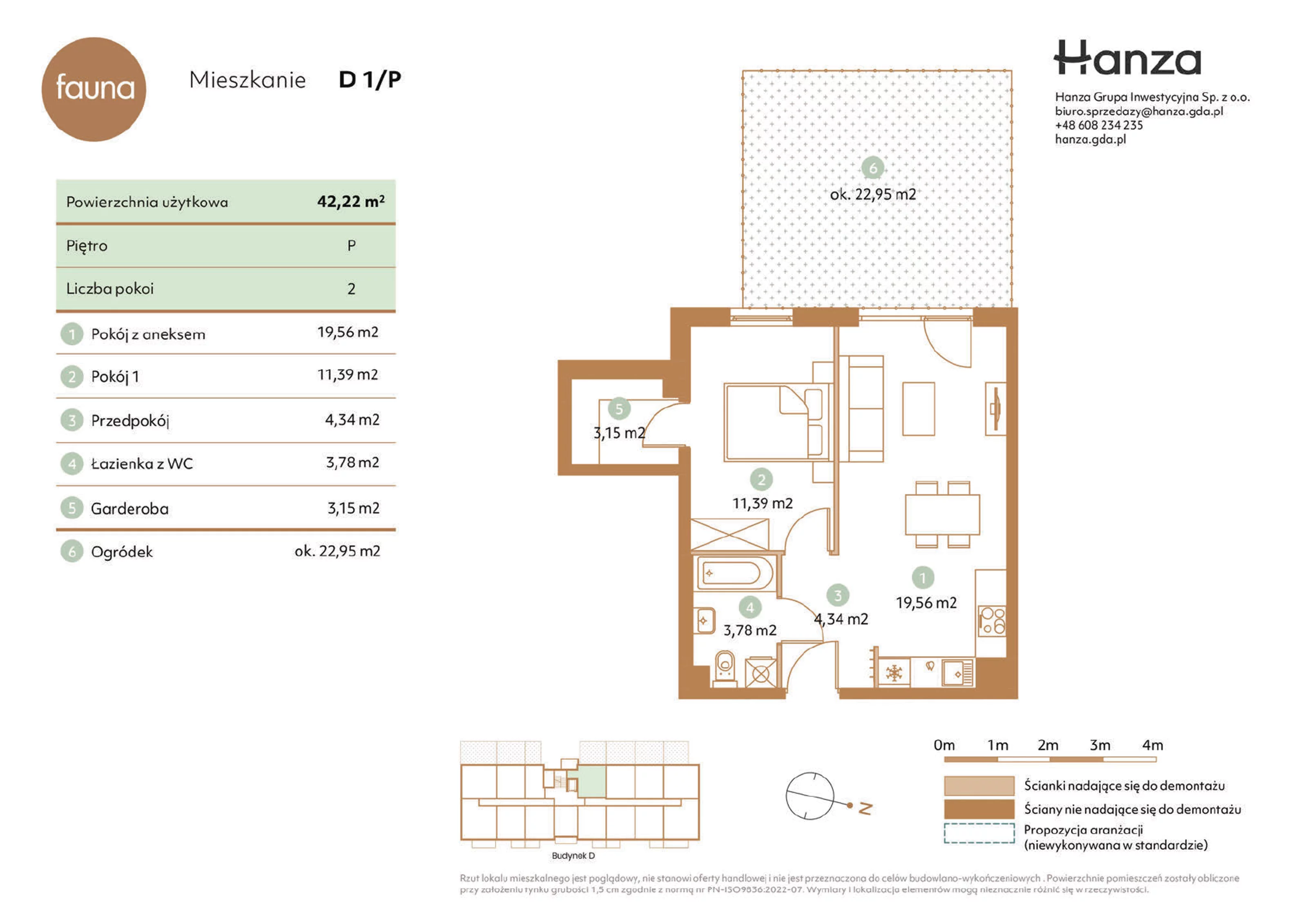 2 pokoje, mieszkanie 42,22 m², parter, oferta nr D1/P, Fauna - bud. D, Gdańsk, Orunia Górna-Gdańsk Południe, ul. Hokejowa 25