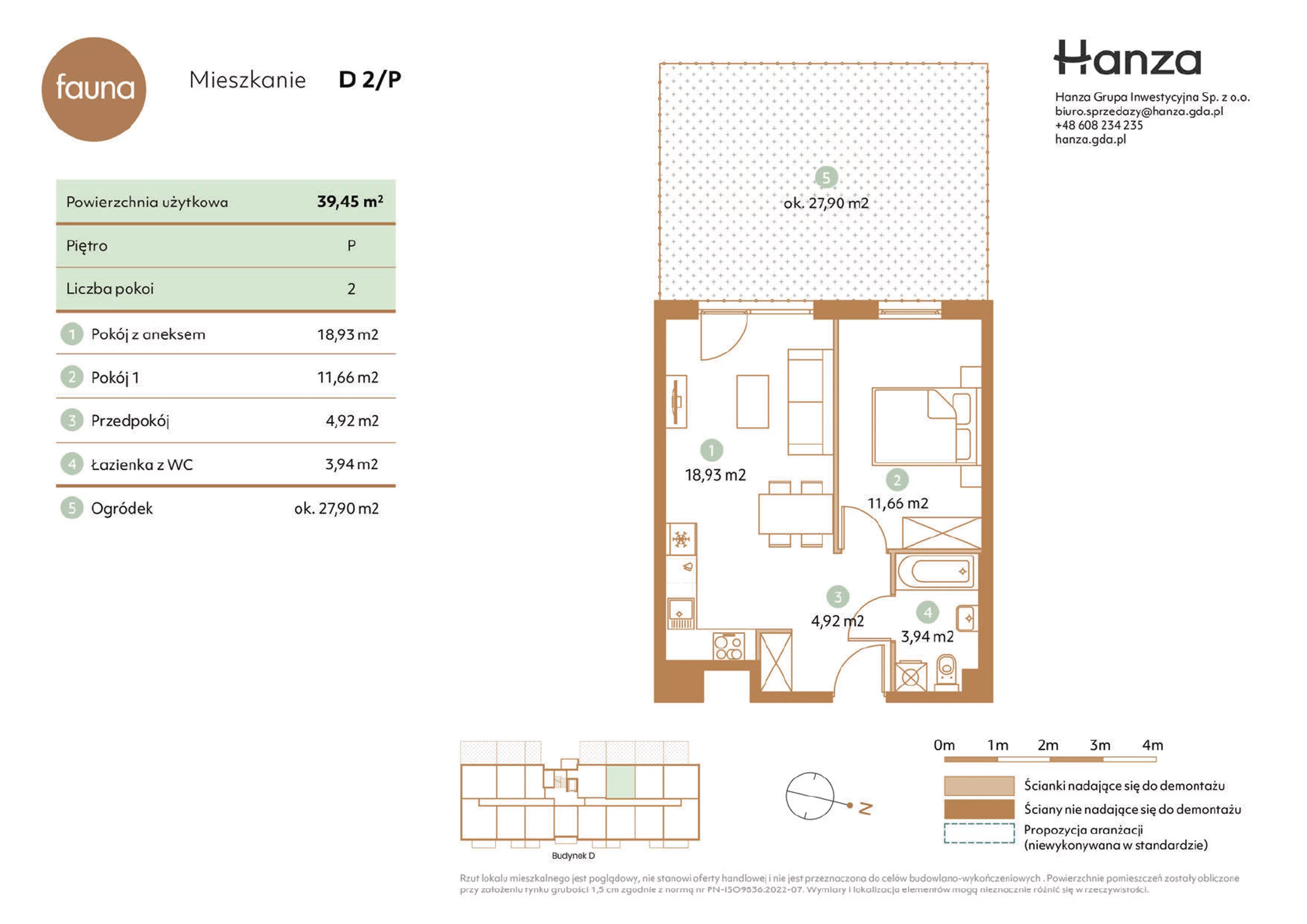 2 pokoje, mieszkanie 39,45 m², parter, oferta nr D2/P, Fauna - bud. D, Gdańsk, Orunia Górna-Gdańsk Południe, ul. Hokejowa 25