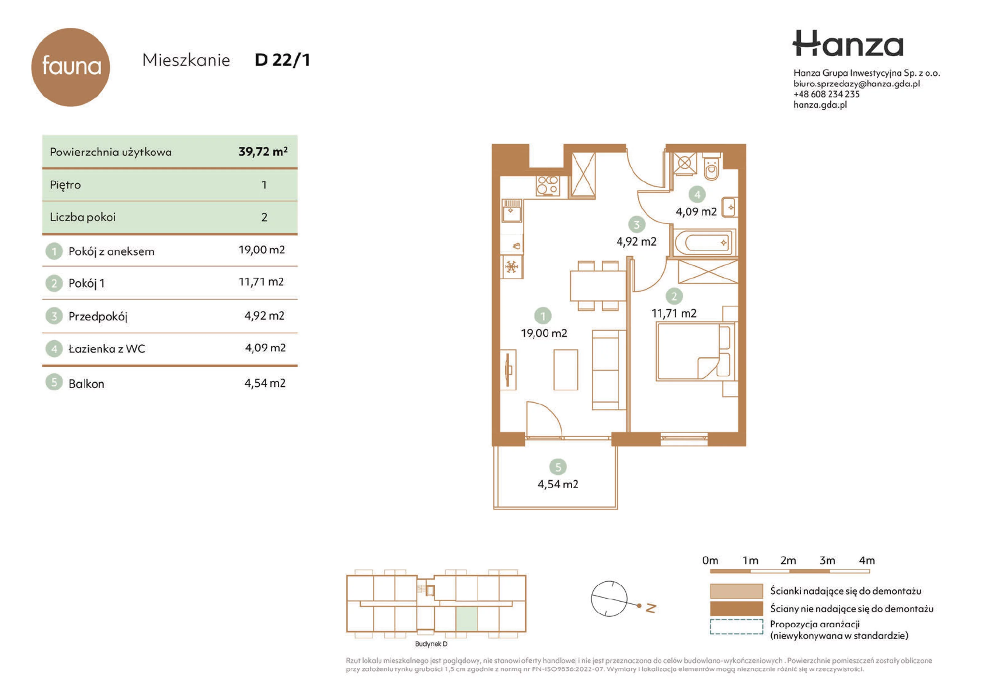 2 pokoje, mieszkanie 39,72 m², piętro 1, oferta nr D22/1, Fauna - bud. D, Gdańsk, Orunia Górna-Gdańsk Południe, ul. Hokejowa 25