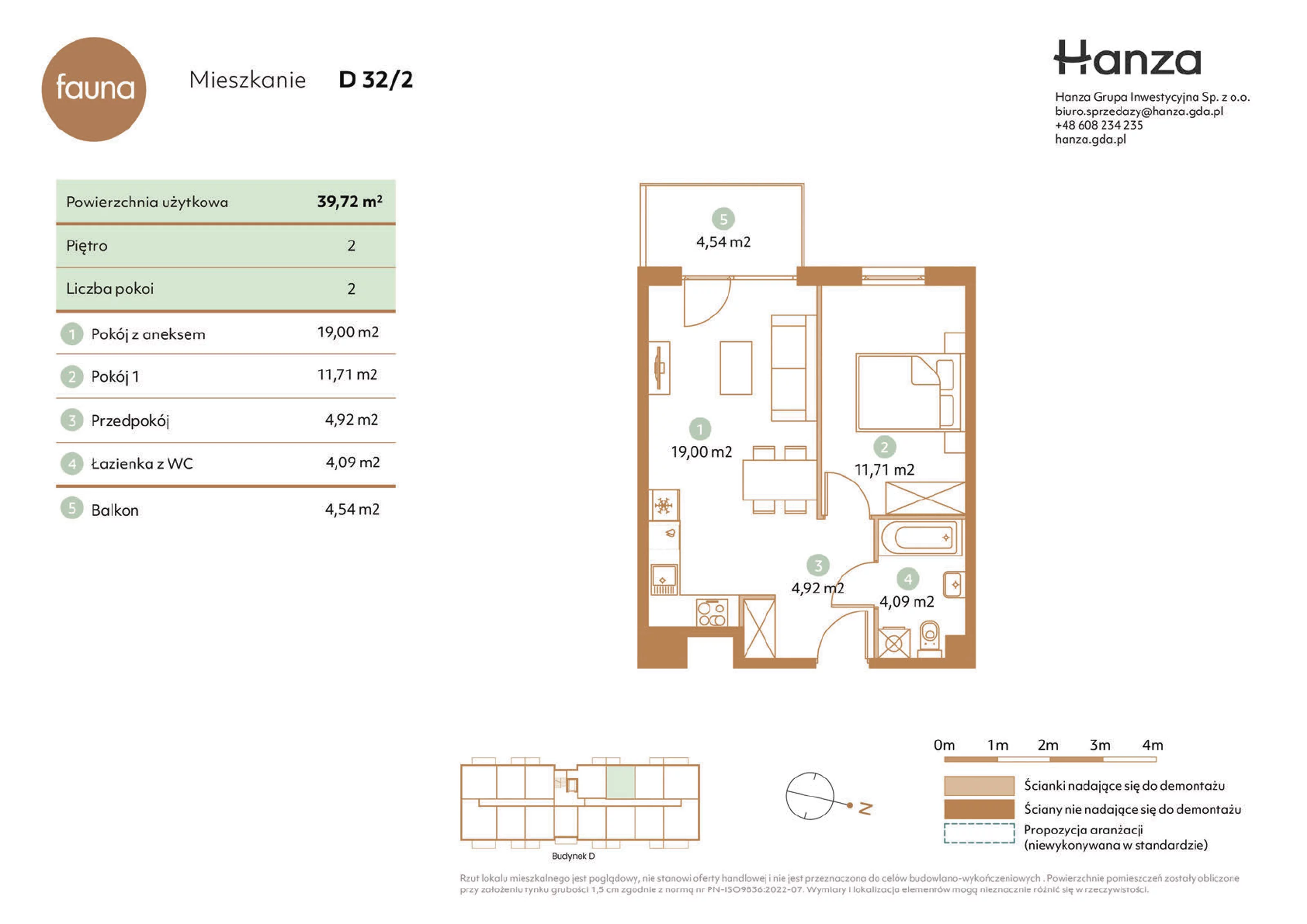 Mieszkanie 39,72 m², piętro 2, oferta nr D32/2, Fauna - bud. D, Gdańsk, Orunia Górna-Gdańsk Południe, ul. Hokejowa 25