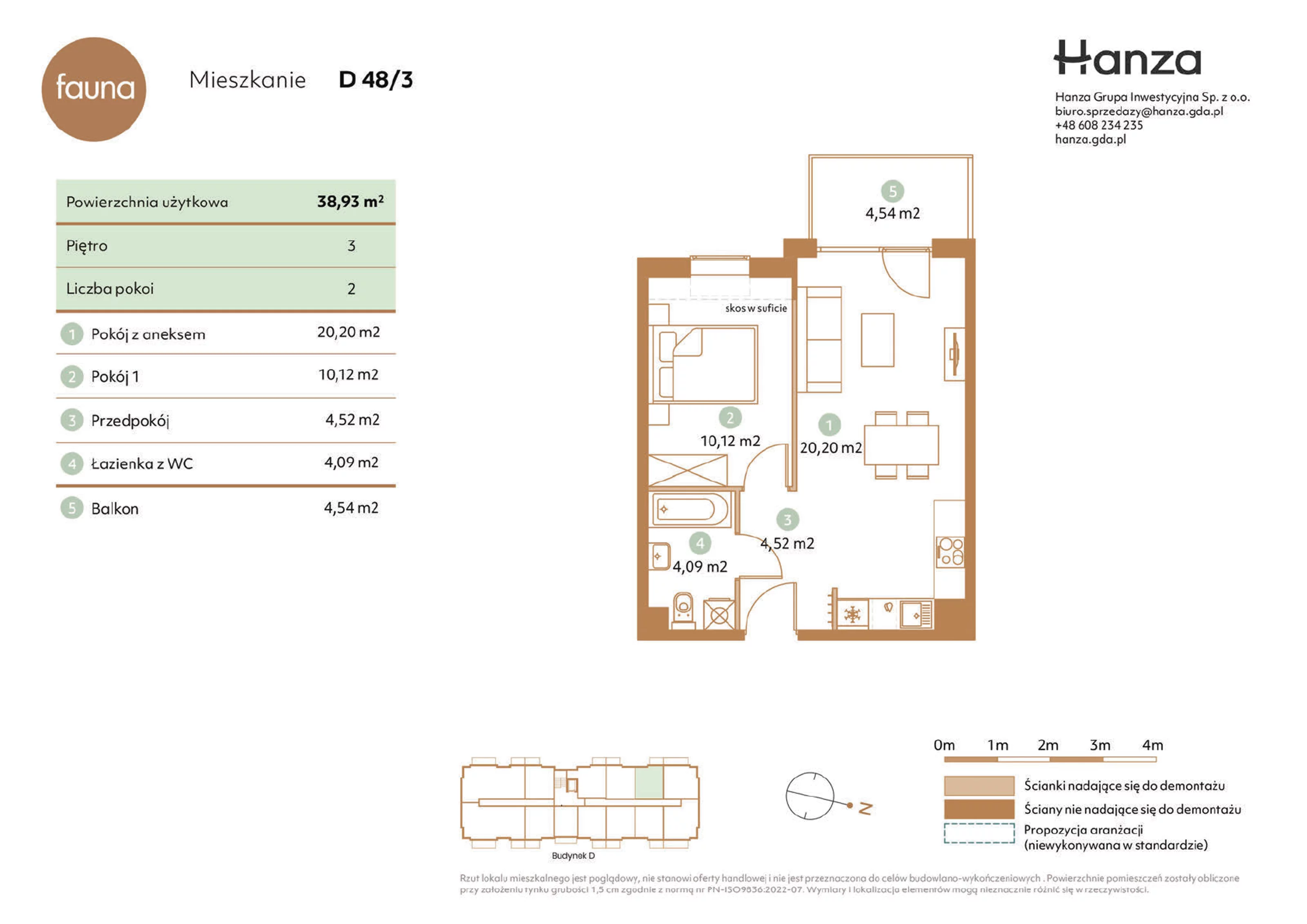 2 pokoje, mieszkanie 38,93 m², piętro 3, oferta nr D48/3, Fauna - bud. D, Gdańsk, Orunia Górna-Gdańsk Południe, ul. Hokejowa 25