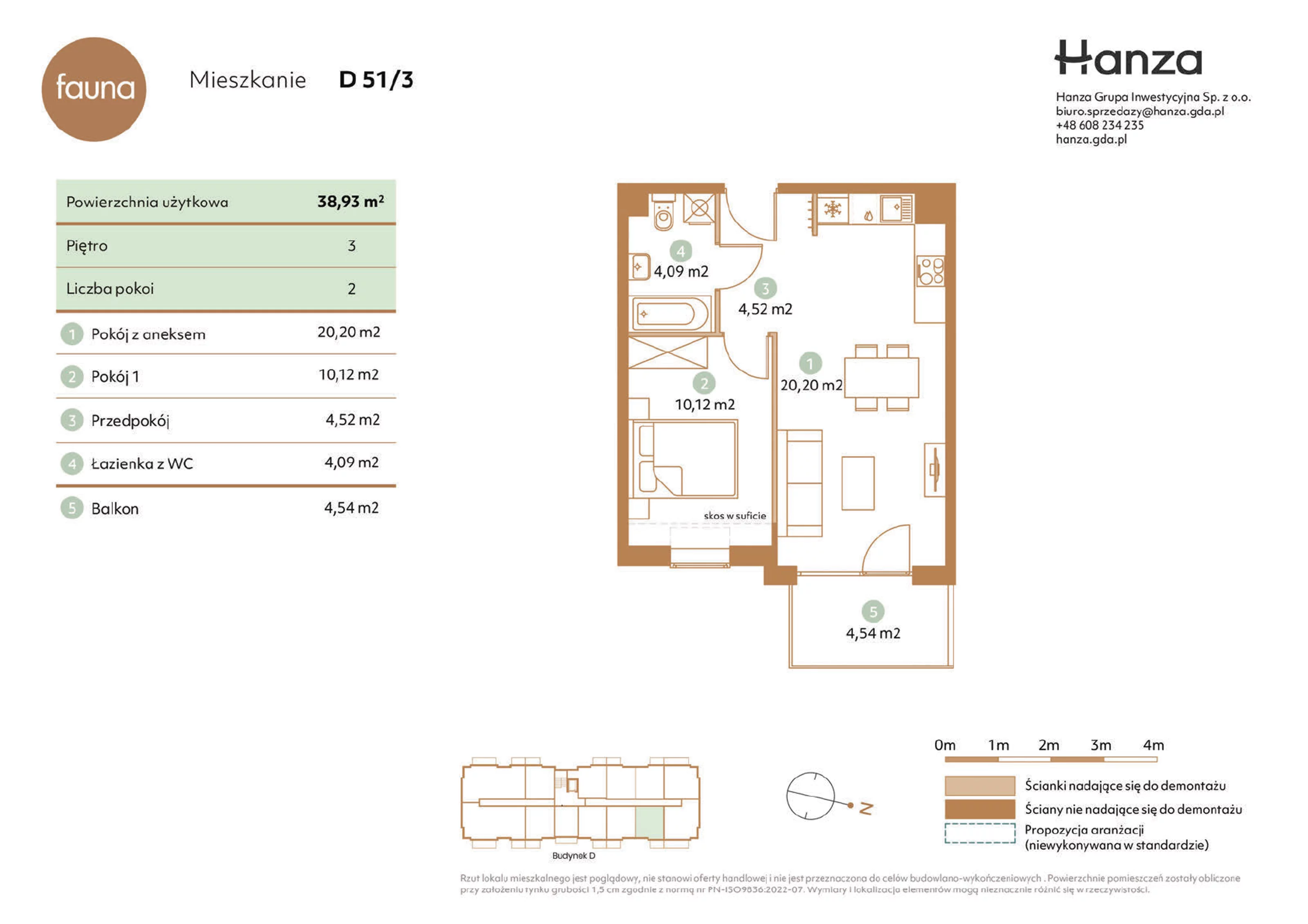 Mieszkanie 38,93 m², piętro 3, oferta nr D51/3, Fauna - bud. D, Gdańsk, Orunia Górna-Gdańsk Południe, ul. Hokejowa 25