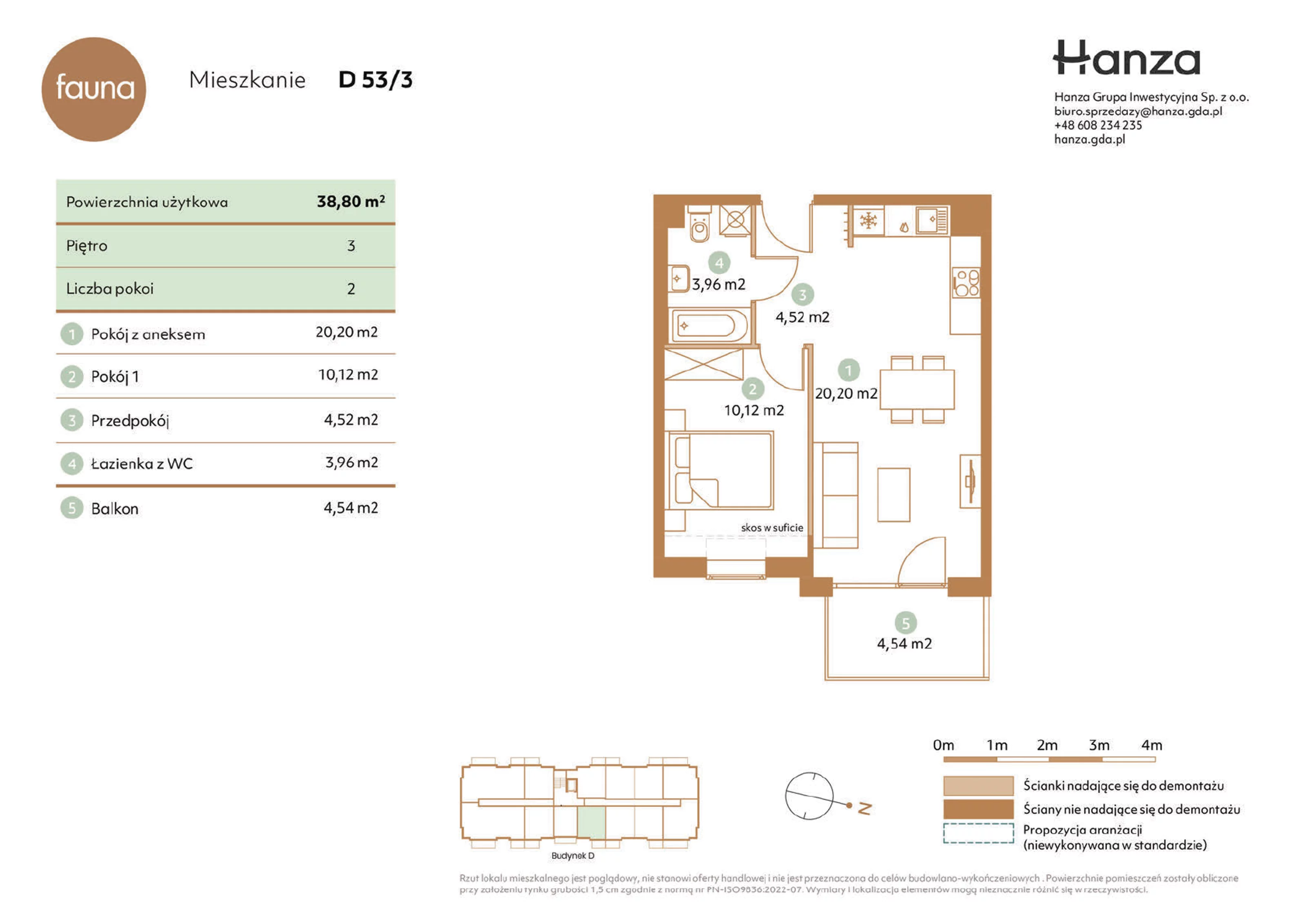 2 pokoje, mieszkanie 38,80 m², piętro 3, oferta nr D53/3, Fauna - bud. D, Gdańsk, Orunia Górna-Gdańsk Południe, ul. Hokejowa 25