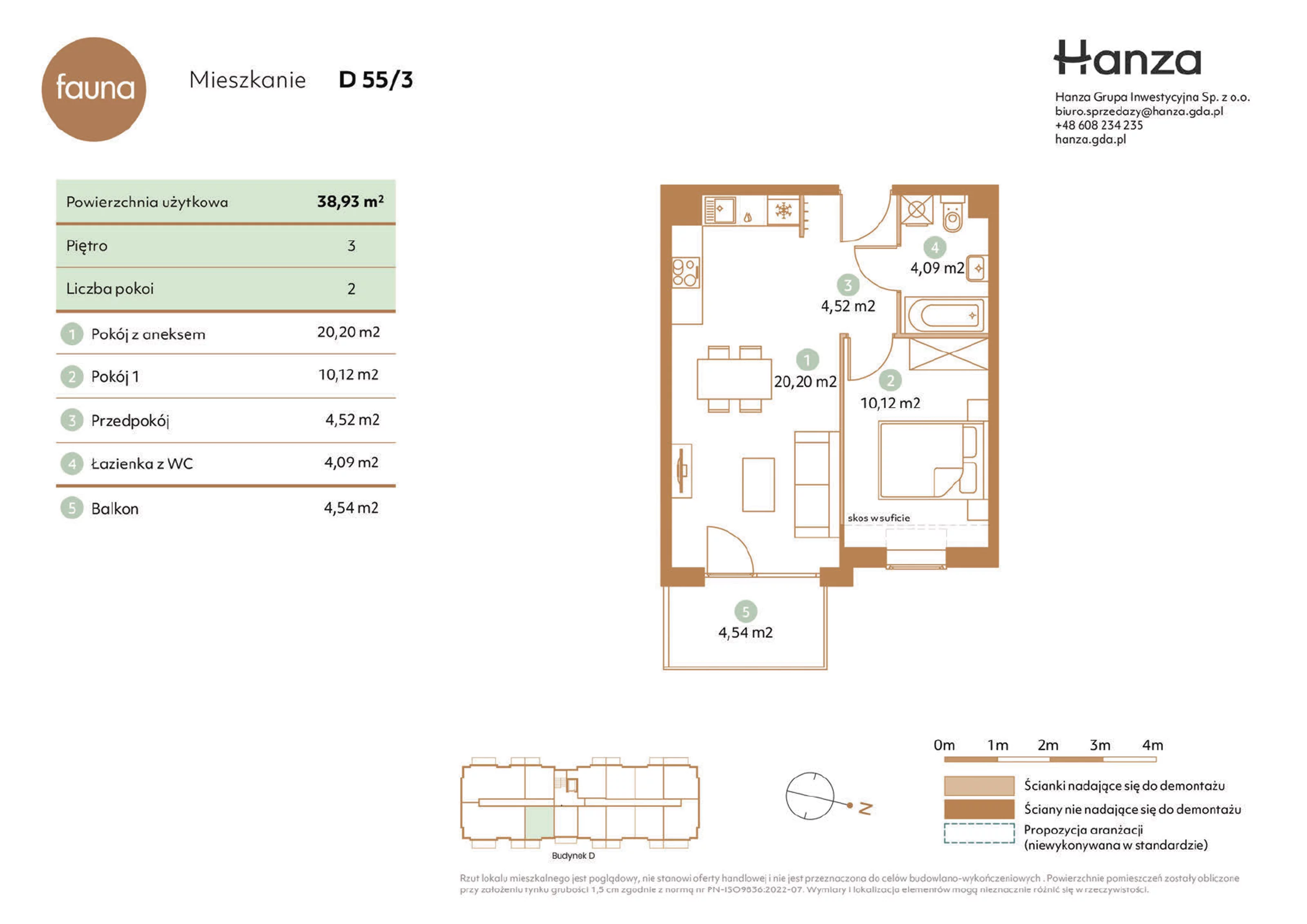 Mieszkanie 38,93 m², piętro 3, oferta nr D55/3, Fauna - bud. D, Gdańsk, Orunia Górna-Gdańsk Południe, ul. Hokejowa 25