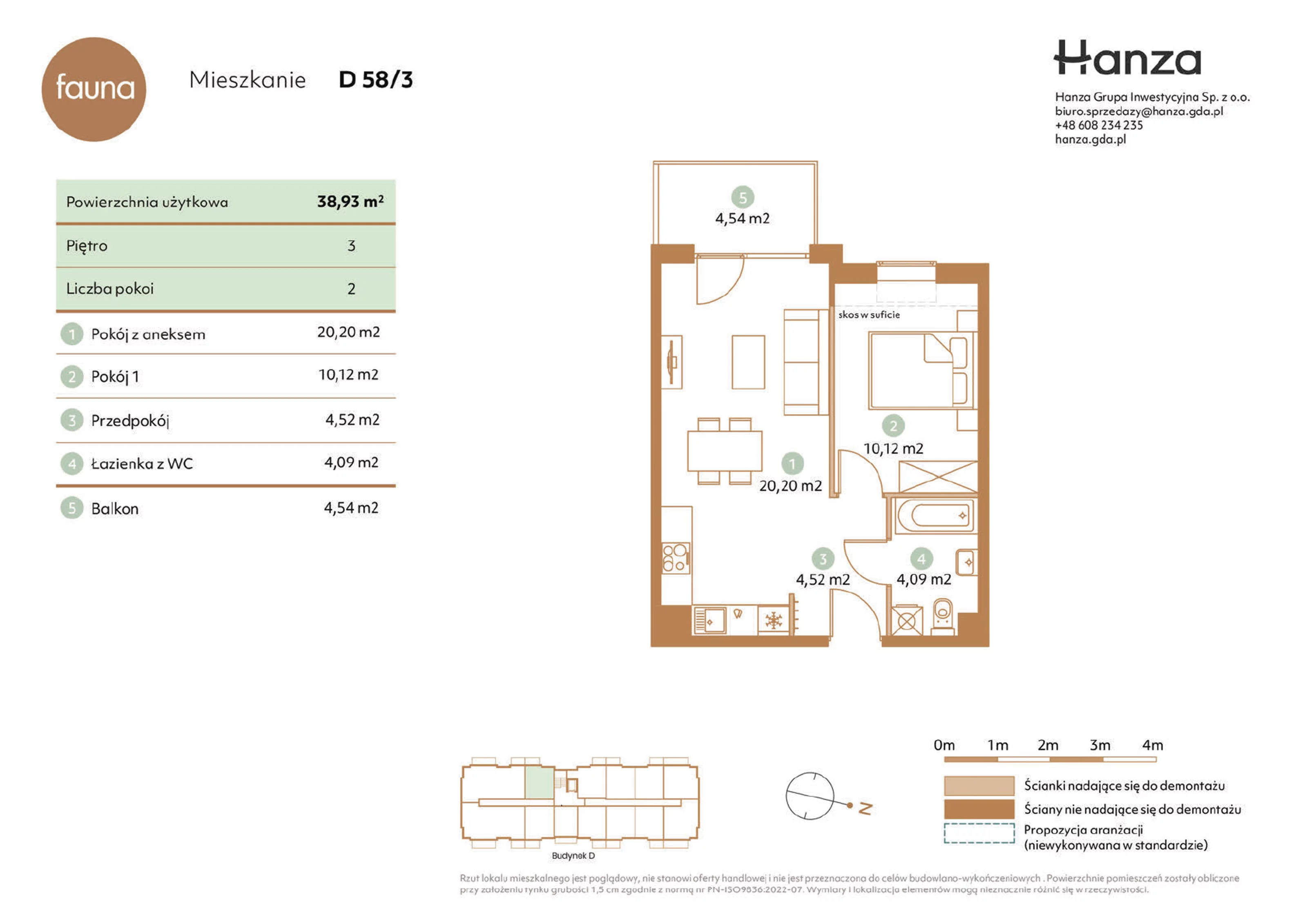 Mieszkanie 38,93 m², piętro 3, oferta nr D58/3, Fauna - bud. D, Gdańsk, Orunia Górna-Gdańsk Południe, ul. Hokejowa 25