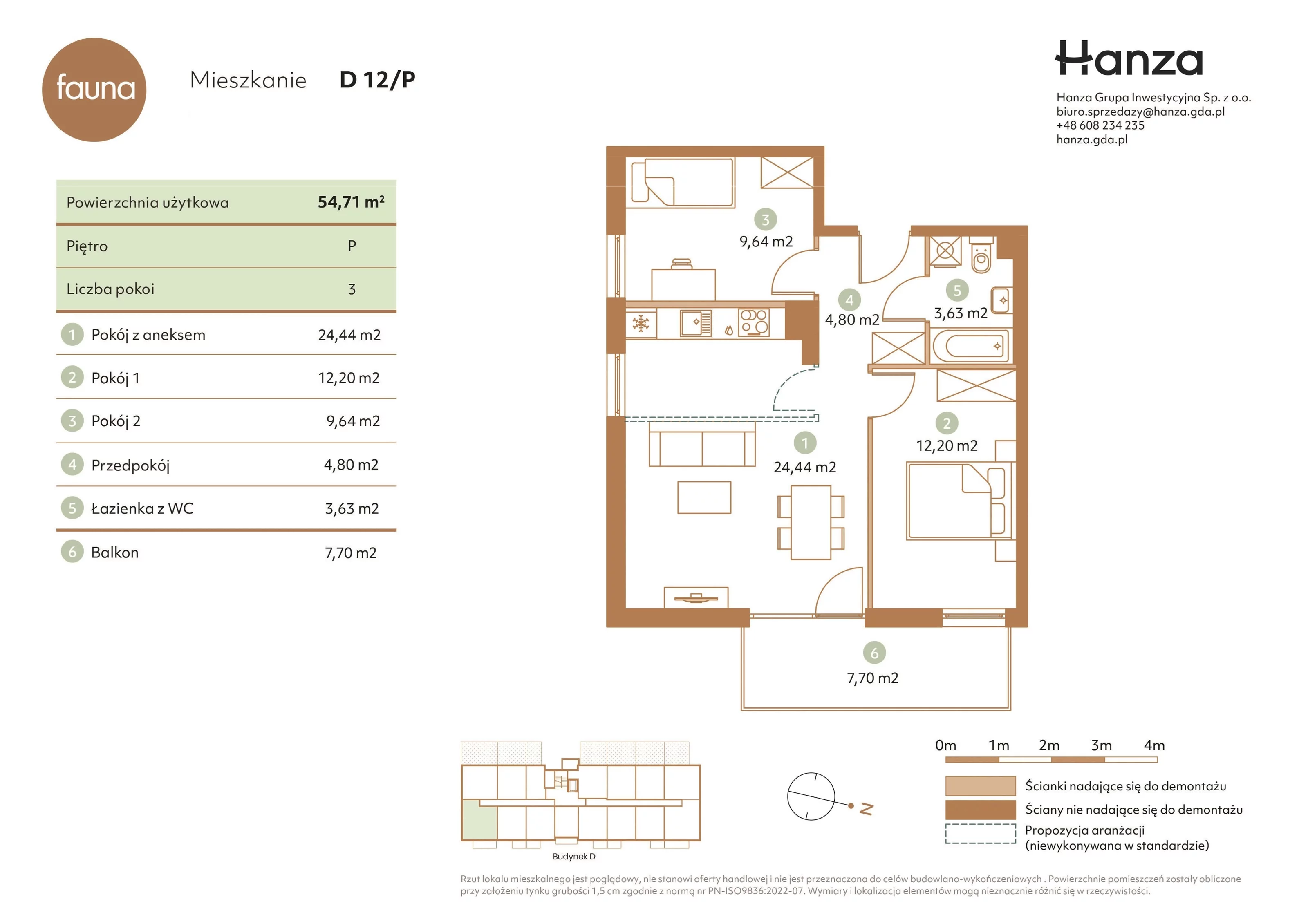 3 pokoje, mieszkanie 54,71 m², parter, oferta nr D12/P, Fauna - bud. D, Gdańsk, Orunia Górna-Gdańsk Południe, ul. Hokejowa 25