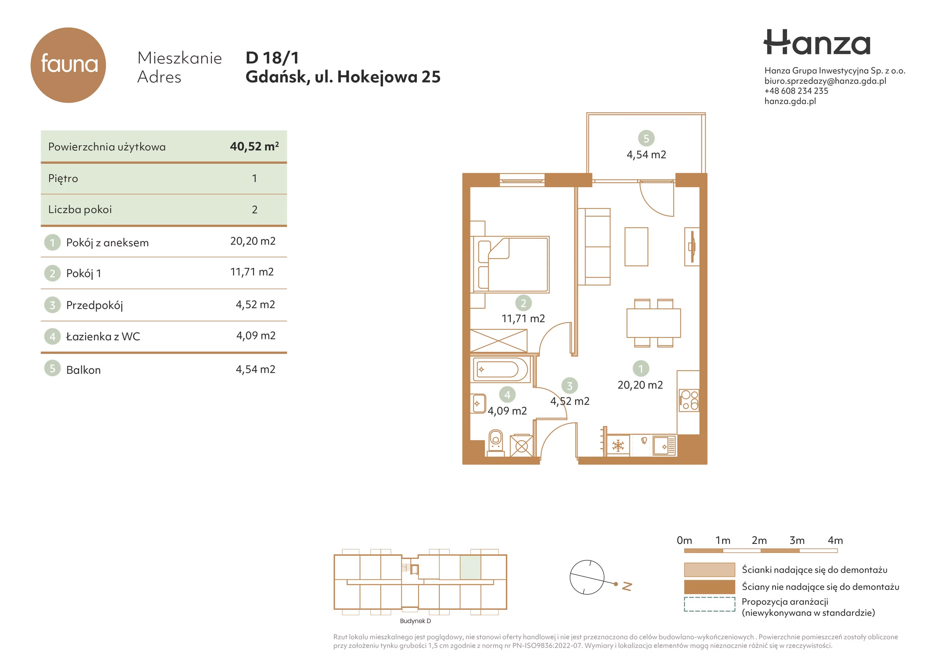 Mieszkanie 40,52 m², piętro 1, oferta nr D18/1, Fauna - bud. D, Gdańsk, Orunia Górna-Gdańsk Południe, ul. Hokejowa 25