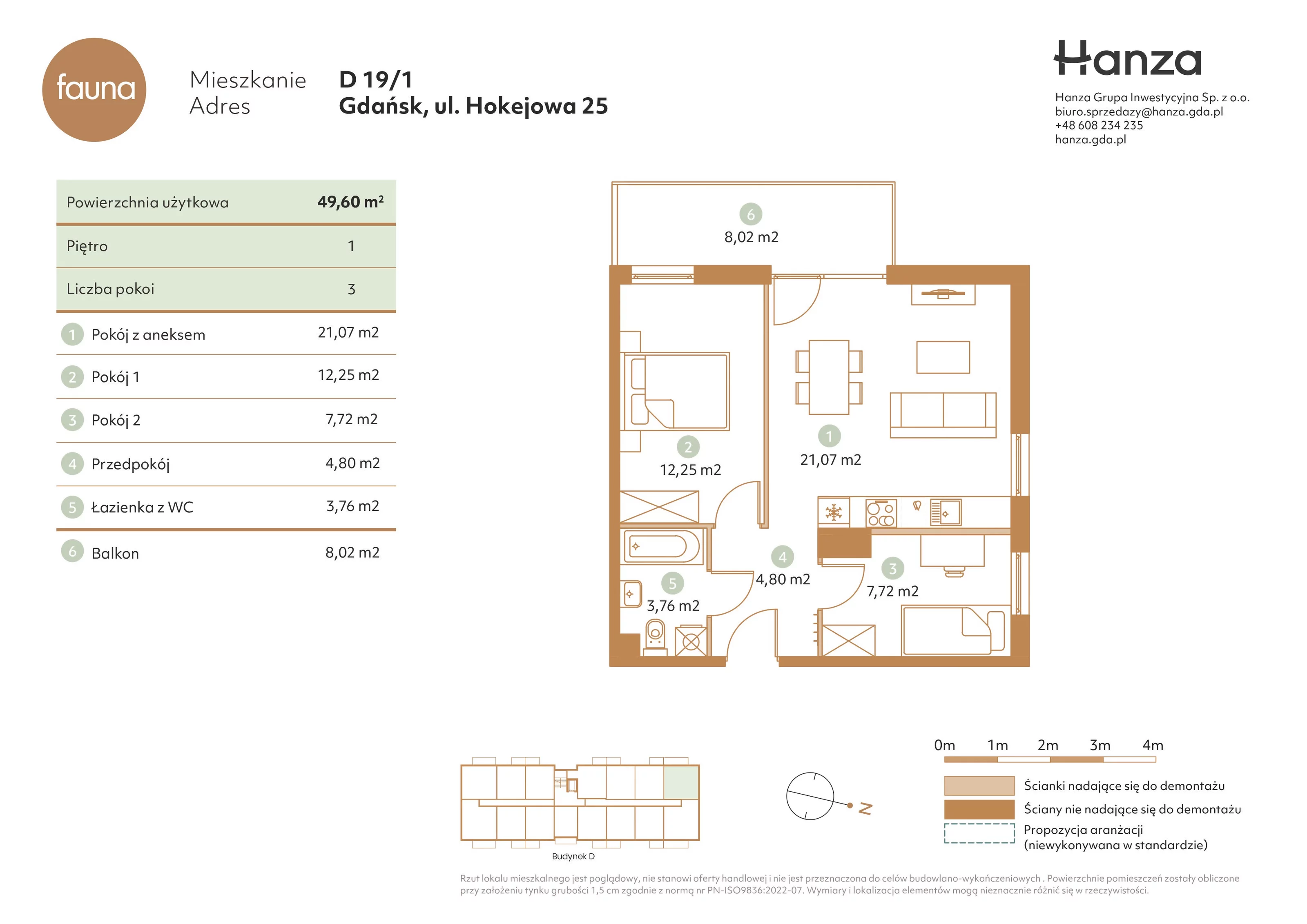 3 pokoje, mieszkanie 49,60 m², piętro 1, oferta nr D19/1, Fauna - bud. D, Gdańsk, Orunia Górna-Gdańsk Południe, ul. Hokejowa 25