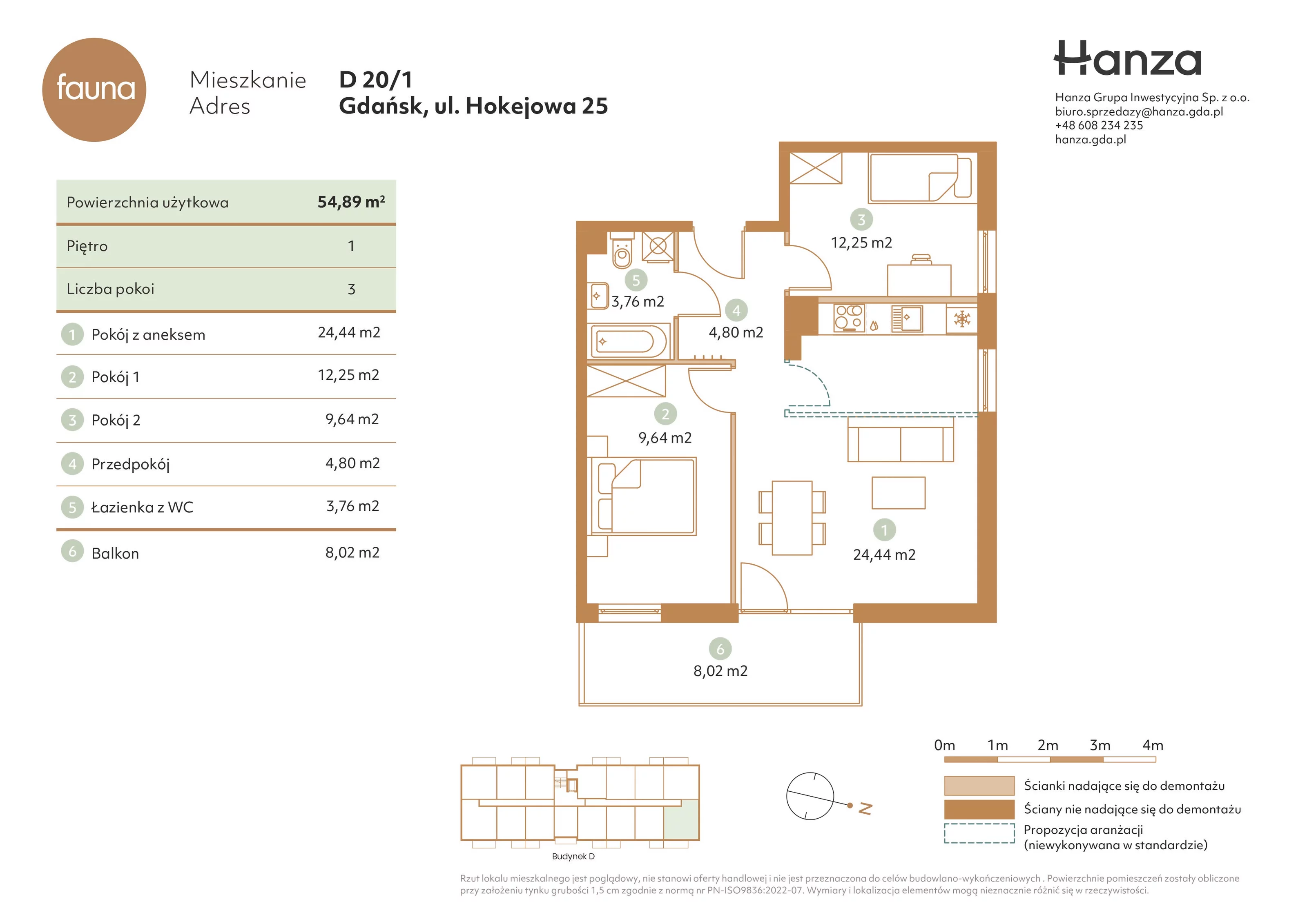 3 pokoje, mieszkanie 54,89 m², piętro 1, oferta nr D20/1, Fauna - bud. D, Gdańsk, Orunia Górna-Gdańsk Południe, ul. Hokejowa 25