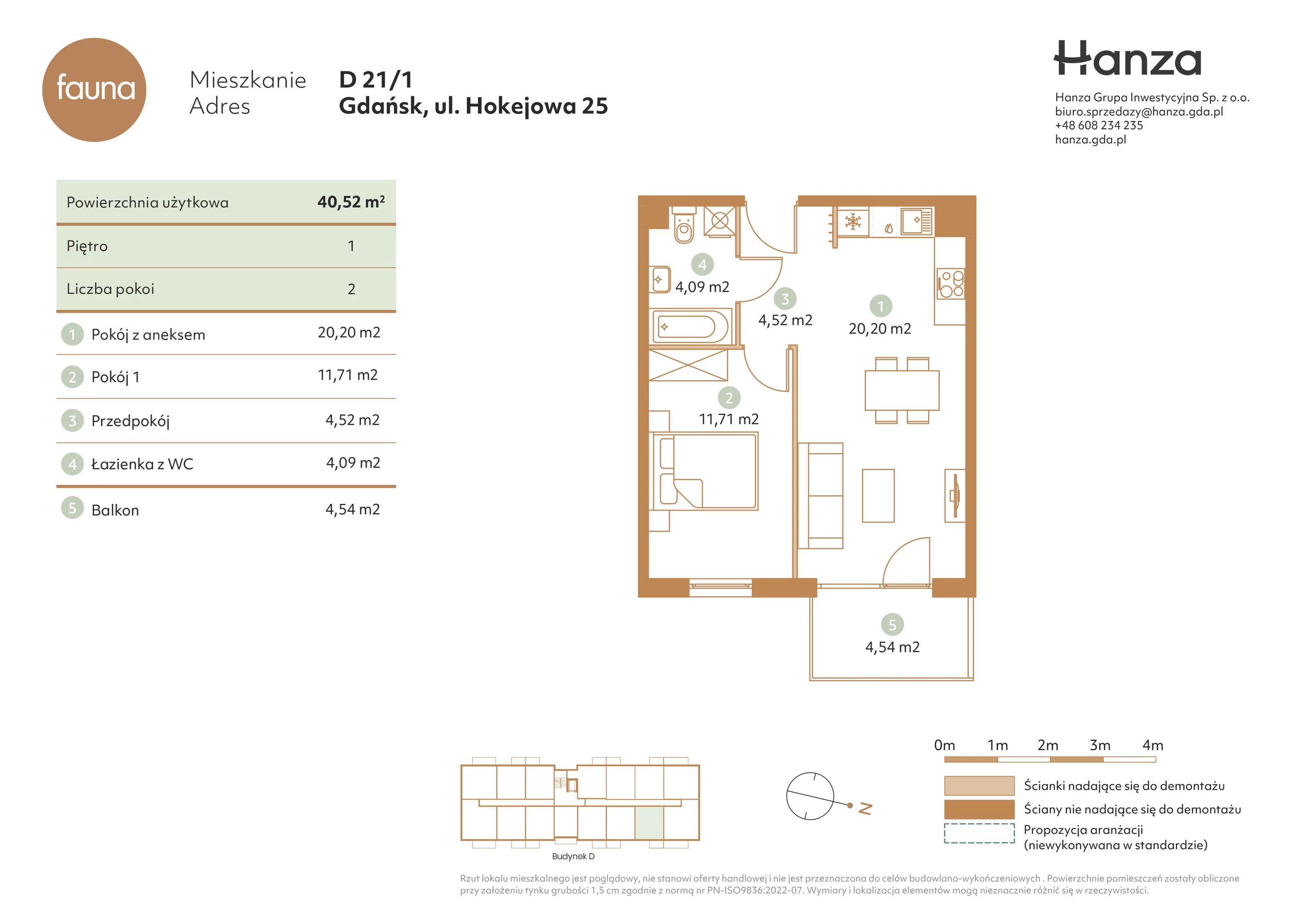 2 pokoje, mieszkanie 40,52 m², piętro 1, oferta nr D21/1, Fauna - bud. D, Gdańsk, Orunia Górna-Gdańsk Południe, ul. Hokejowa 25