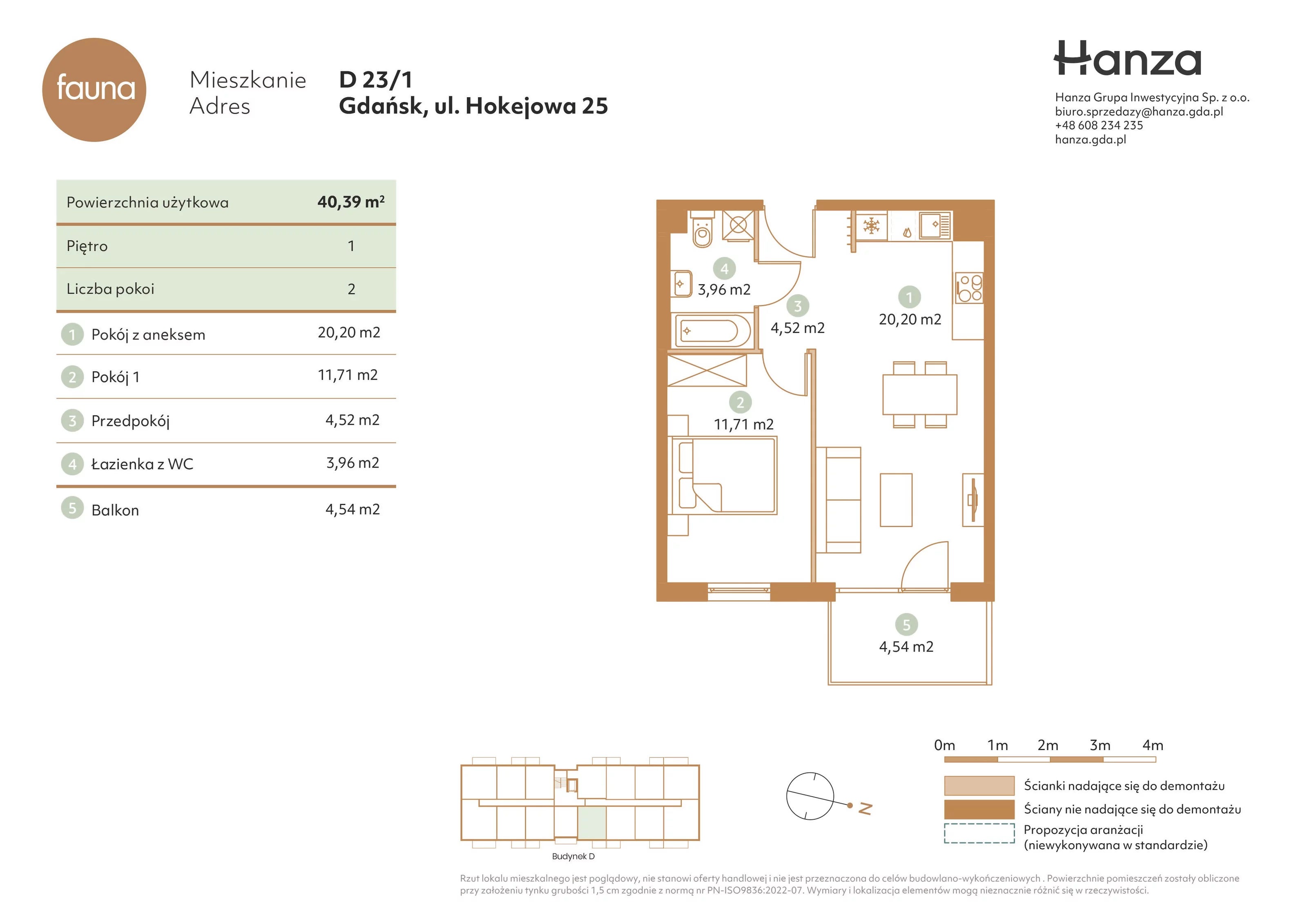 Mieszkanie 40,39 m², piętro 1, oferta nr D23/1, Fauna - bud. D, Gdańsk, Orunia Górna-Gdańsk Południe, ul. Hokejowa 25