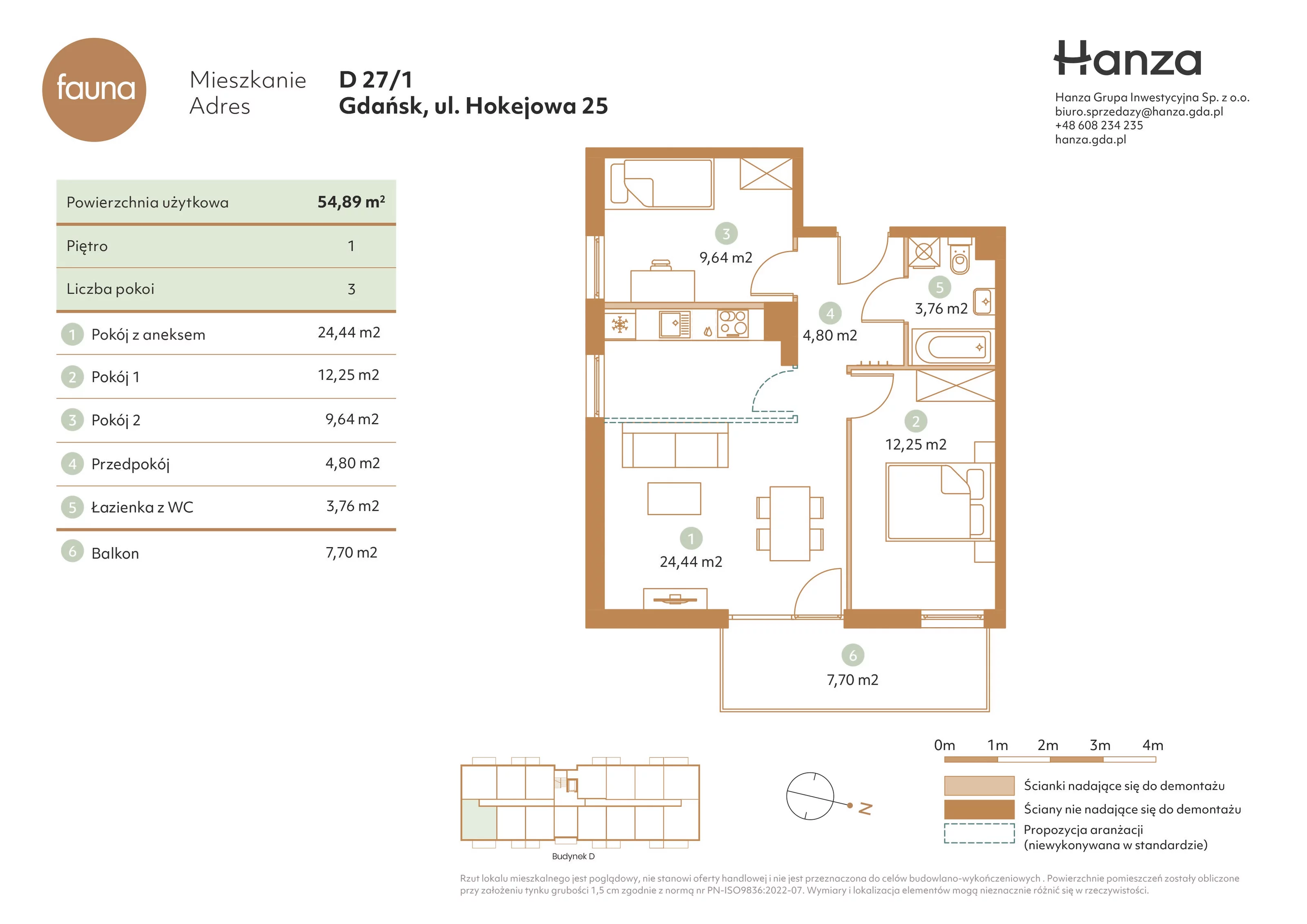 3 pokoje, mieszkanie 54,89 m², piętro 1, oferta nr D27/1, Fauna - bud. D, Gdańsk, Orunia Górna-Gdańsk Południe, ul. Hokejowa 25