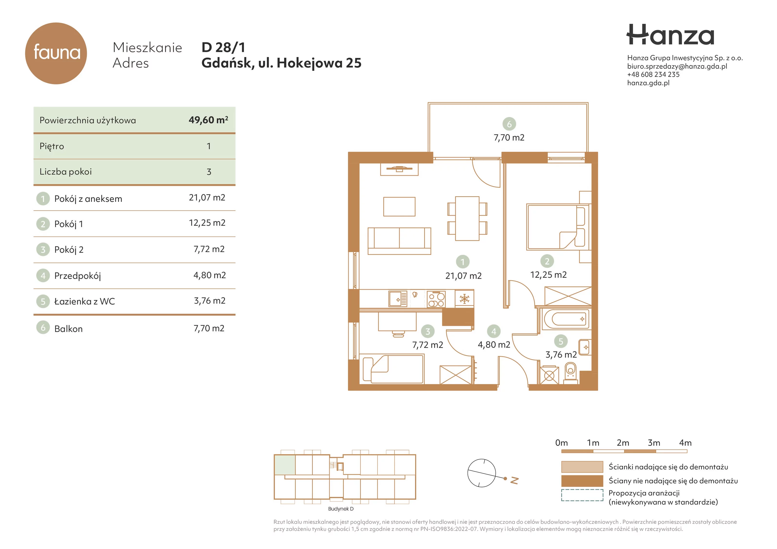 3 pokoje, mieszkanie 49,60 m², piętro 1, oferta nr D28/1, Fauna - bud. D, Gdańsk, Orunia Górna-Gdańsk Południe, ul. Hokejowa 25