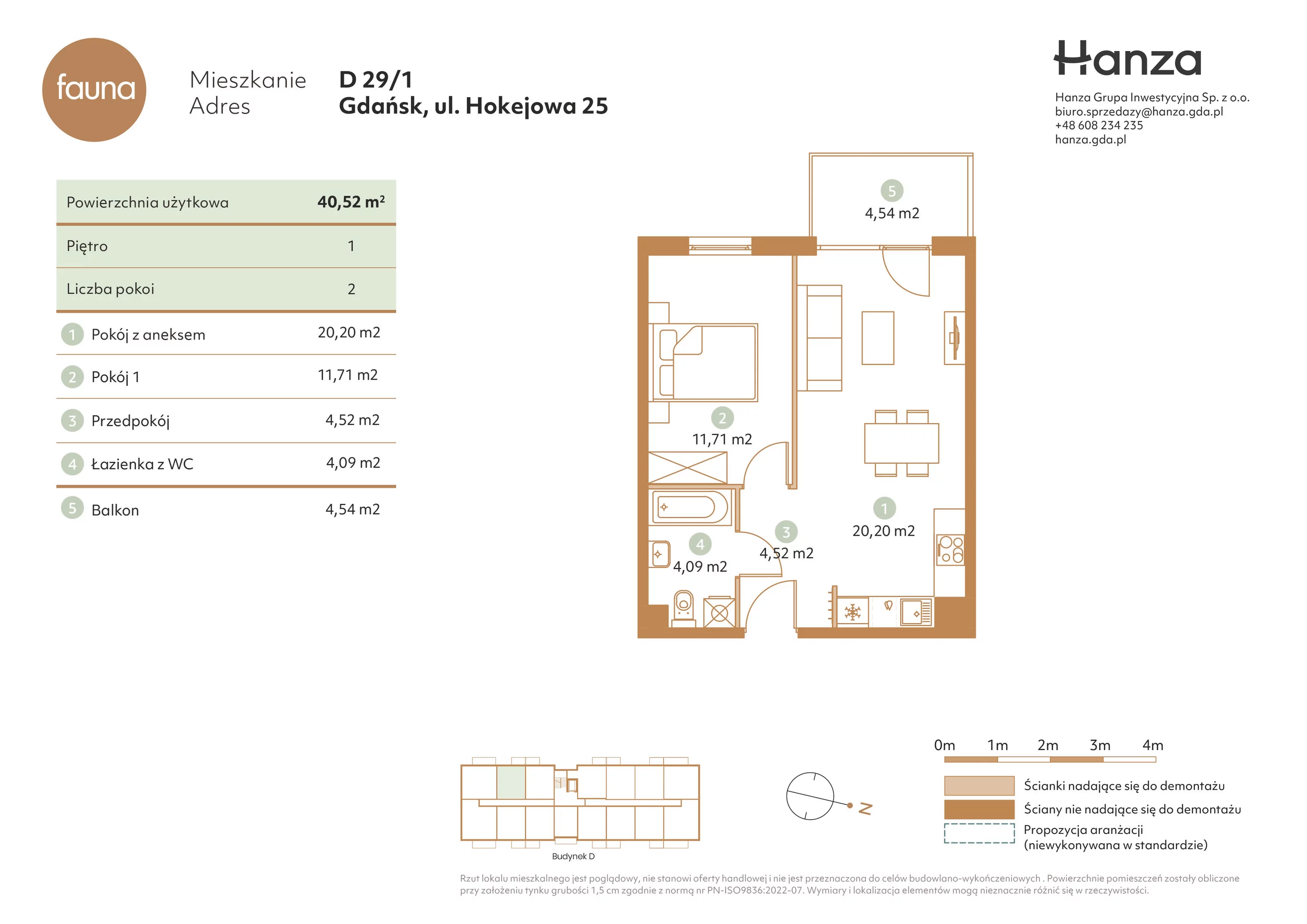 2 pokoje, mieszkanie 40,52 m², piętro 1, oferta nr D29/1, Fauna - bud. D, Gdańsk, Orunia Górna-Gdańsk Południe, ul. Hokejowa 25