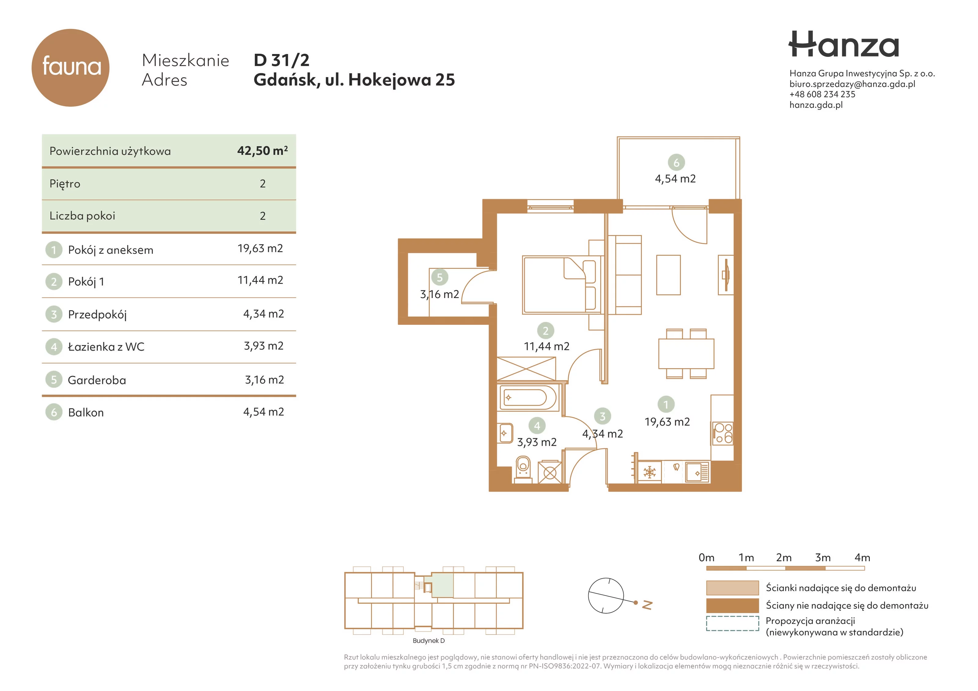 2 pokoje, mieszkanie 42,50 m², piętro 2, oferta nr D31/2, Fauna - bud. D, Gdańsk, Orunia Górna-Gdańsk Południe, ul. Hokejowa 25