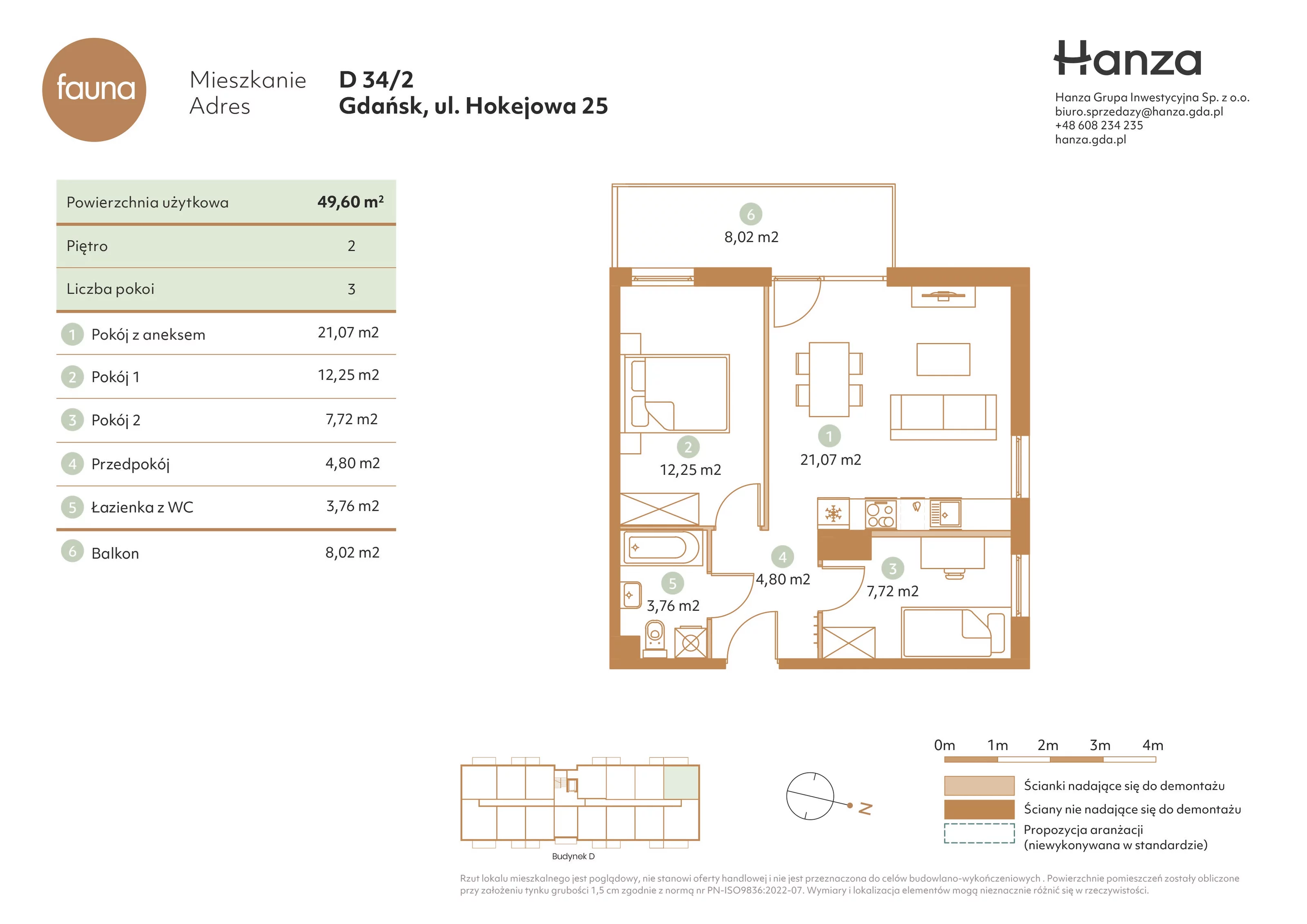 3 pokoje, mieszkanie 49,60 m², piętro 2, oferta nr D34/2, Fauna - bud. D, Gdańsk, Orunia Górna-Gdańsk Południe, ul. Hokejowa 25