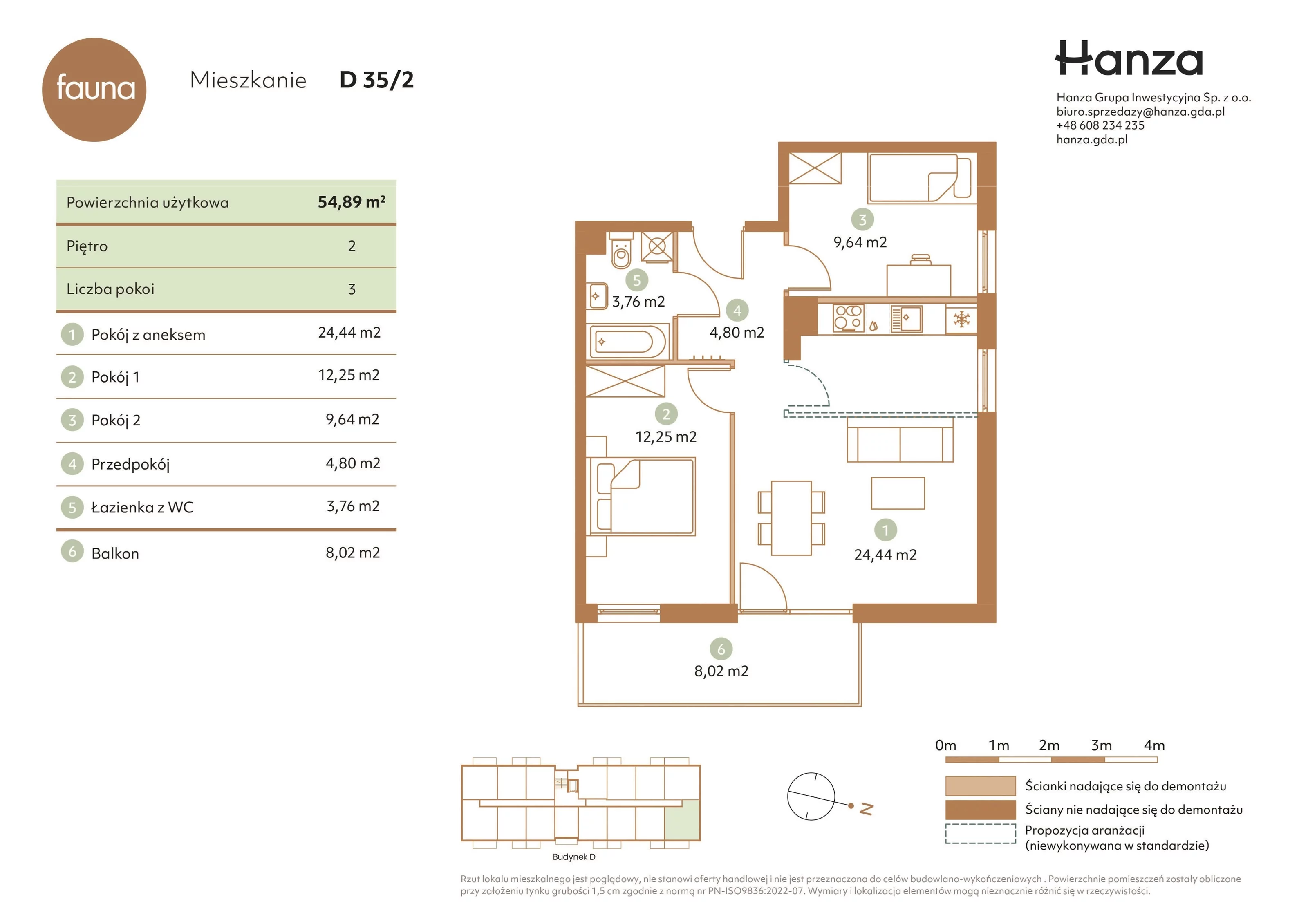 3 pokoje, mieszkanie 54,89 m², piętro 2, oferta nr D35/2, Fauna - bud. D, Gdańsk, Orunia Górna-Gdańsk Południe, ul. Hokejowa 25