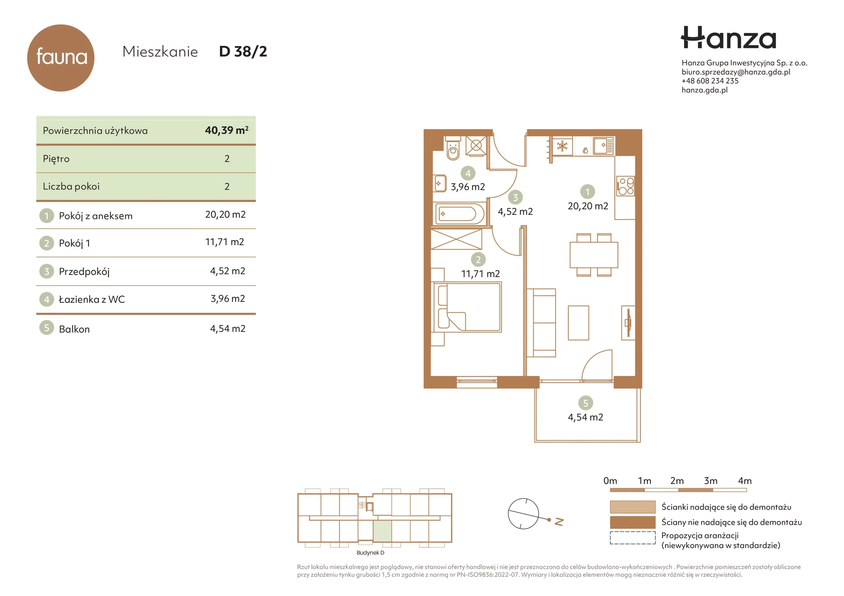 2 pokoje, mieszkanie 40,39 m², piętro 2, oferta nr D38/2, Fauna - bud. D, Gdańsk, Orunia Górna-Gdańsk Południe, ul. Hokejowa 25