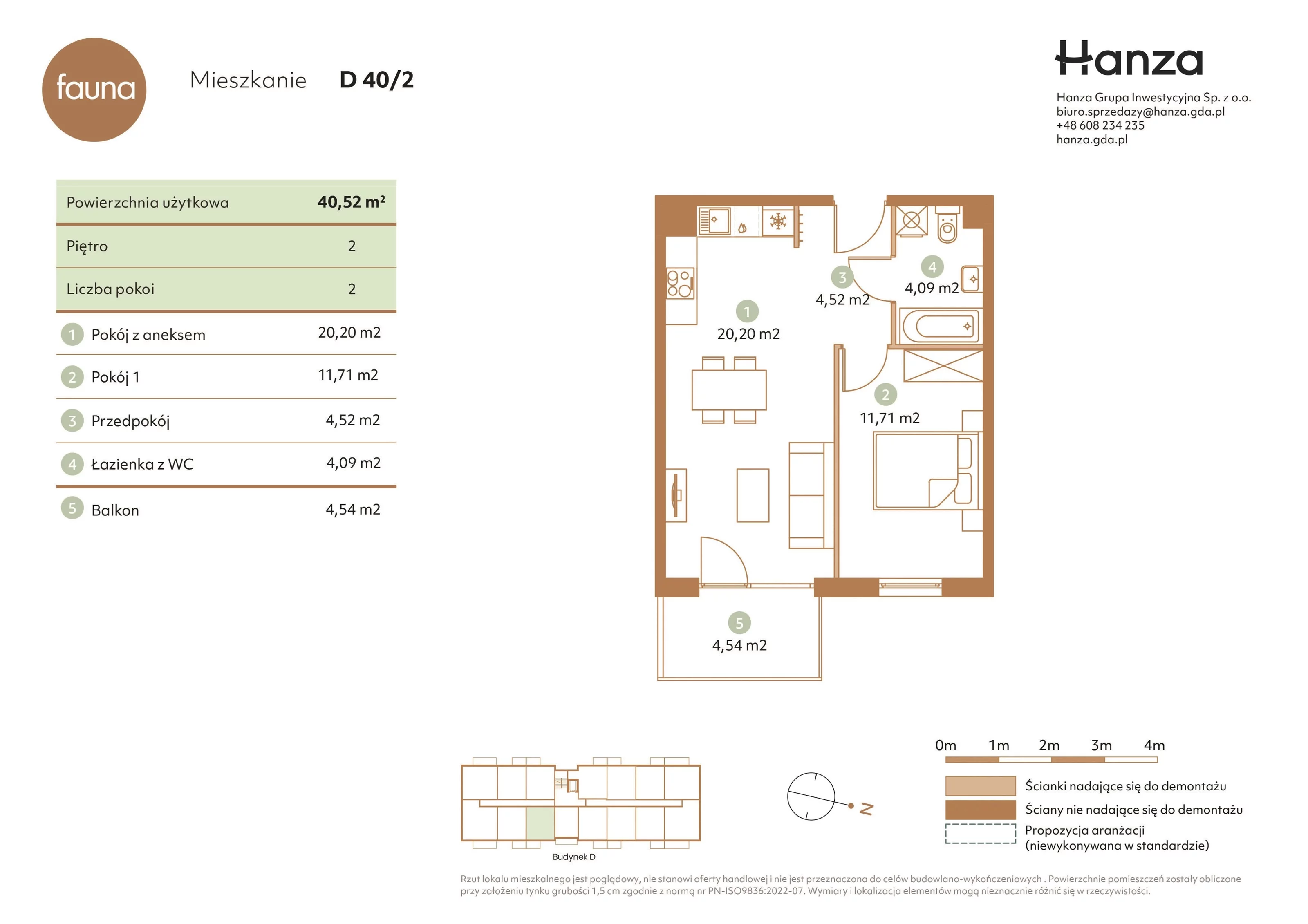 2 pokoje, mieszkanie 40,52 m², piętro 2, oferta nr D40/2, Fauna - bud. D, Gdańsk, Orunia Górna-Gdańsk Południe, ul. Hokejowa 25