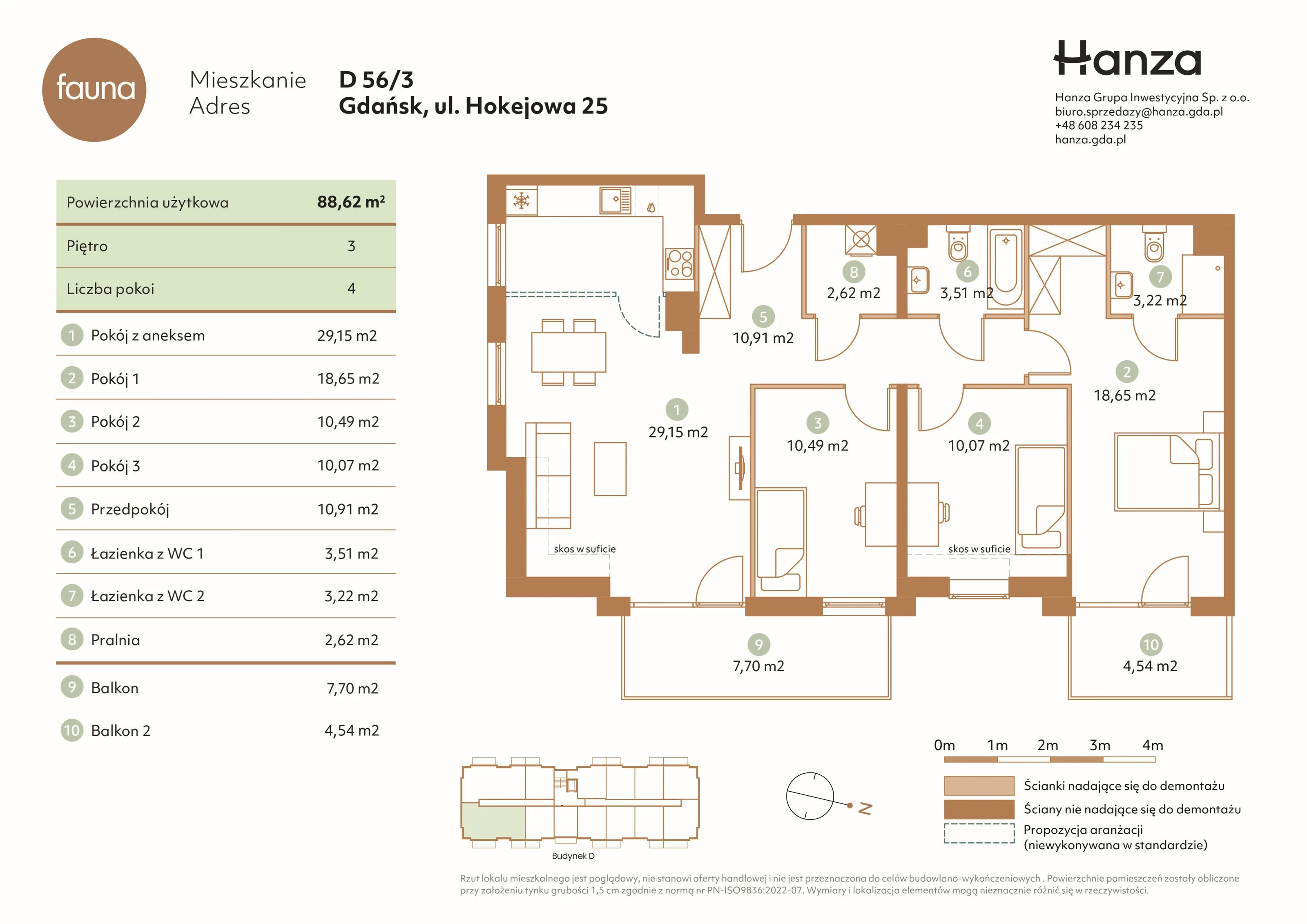 4 pokoje, mieszkanie 88,62 m², piętro 3, oferta nr D56/3, Fauna - bud. D, Gdańsk, Orunia Górna-Gdańsk Południe, ul. Hokejowa 25