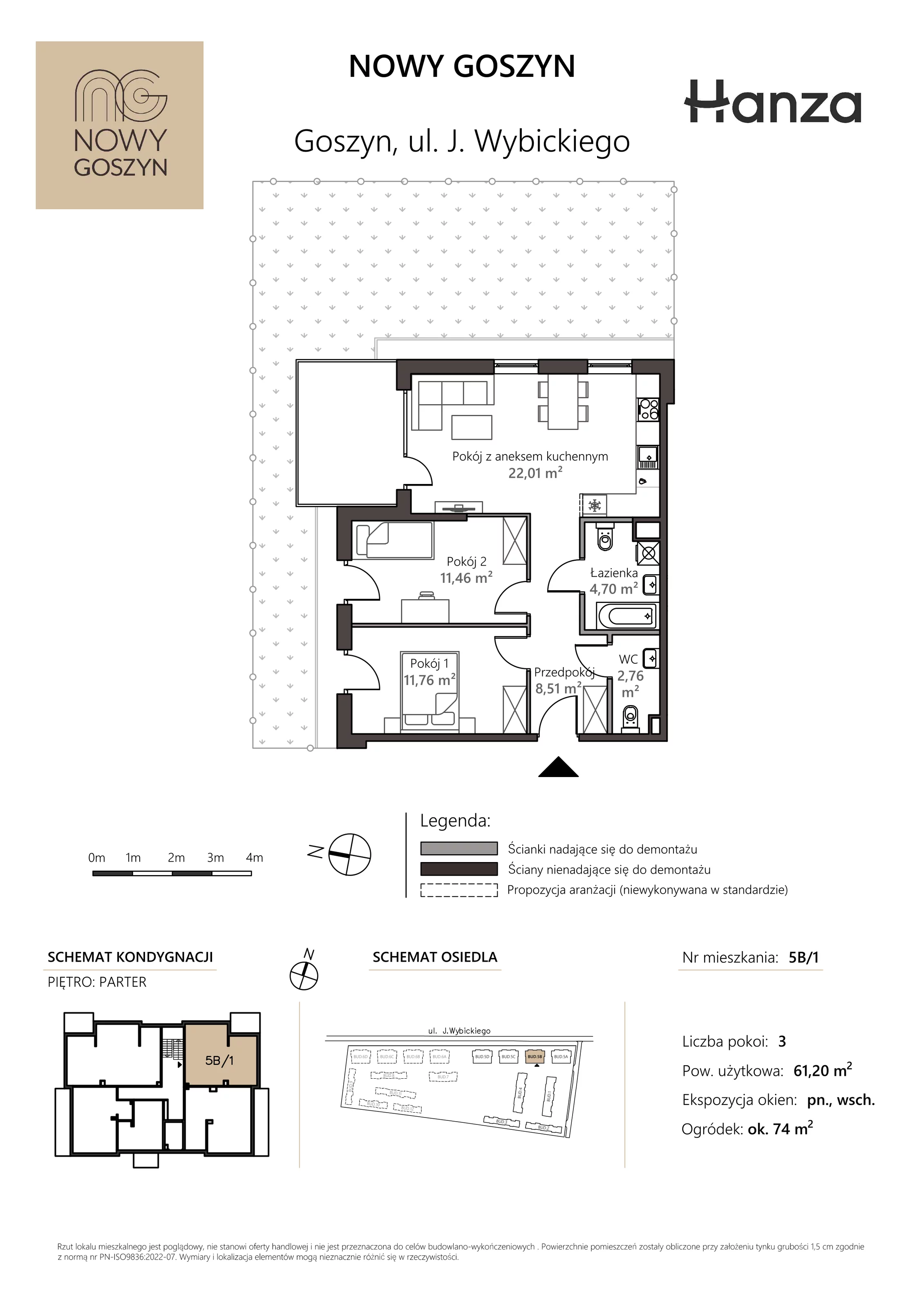 Mieszkanie 61,20 m², parter, oferta nr 5B/1, Nowy Goszyn, Goszyn, ul. Józefa Wybickiego